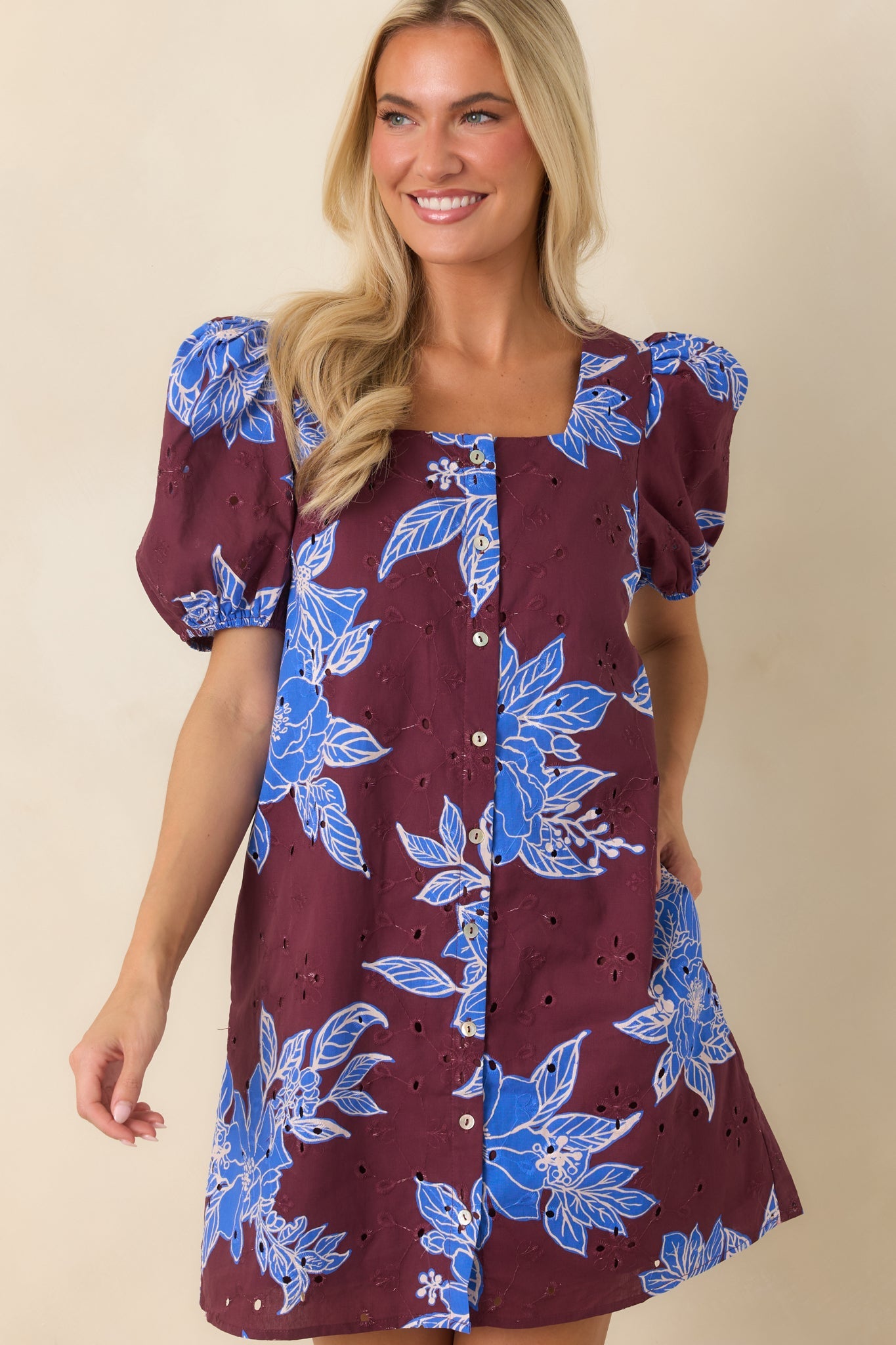 If You Ask Me Wine & Cobalt Floral Cotton Puff Sleeve Mini Dress