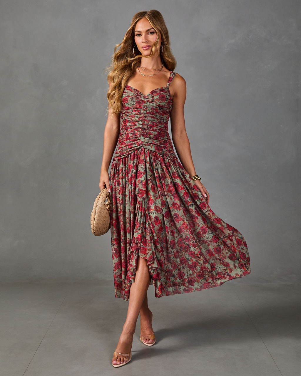 Orchard Lane Floral Mesh Midi Dress