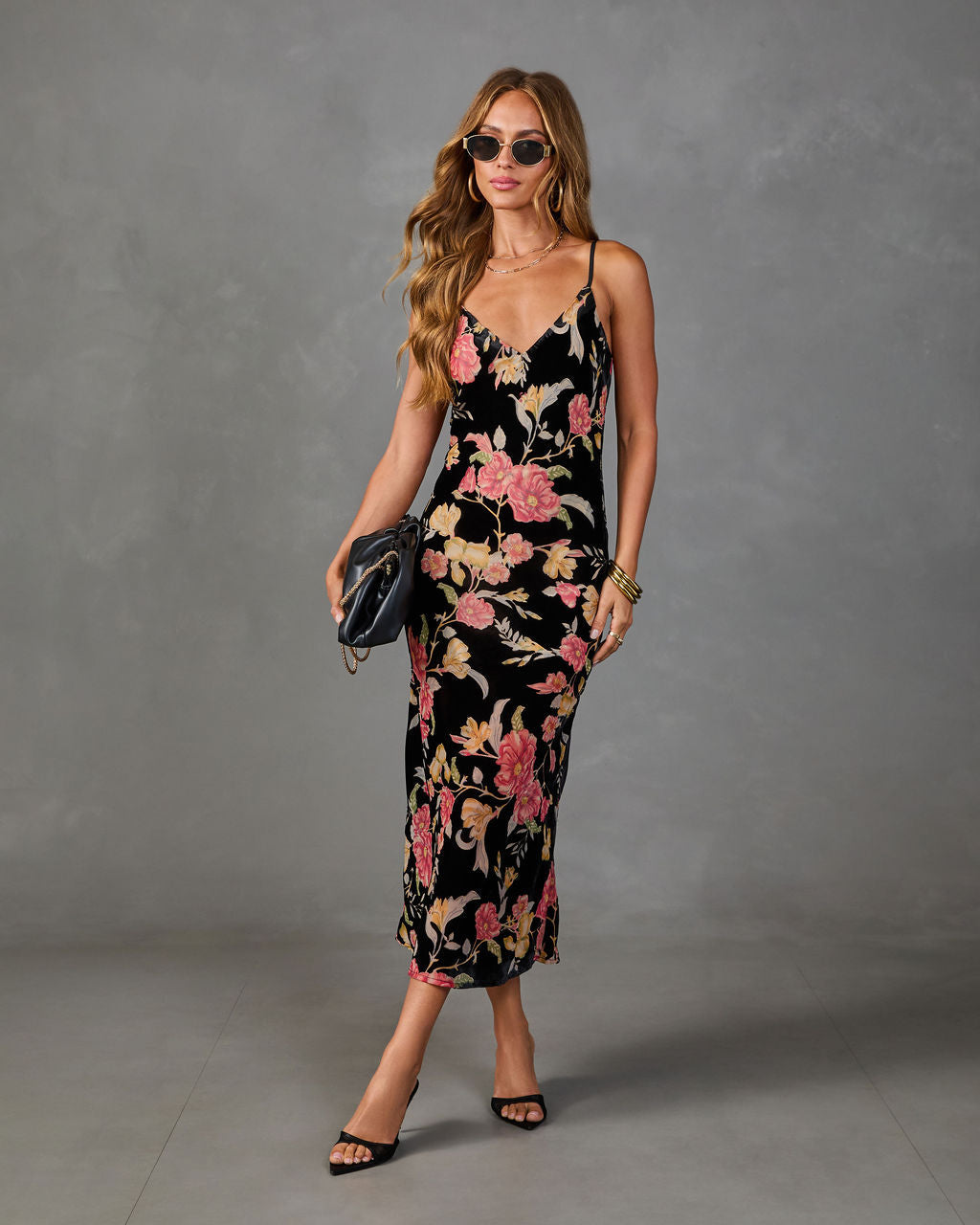 Villa Garden Floral Velvet Slip Midi Dress