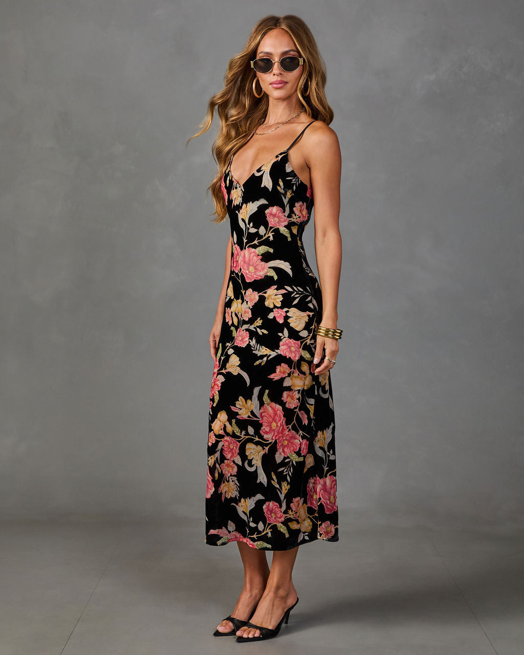 Villa Garden Floral Velvet Slip Midi Dress