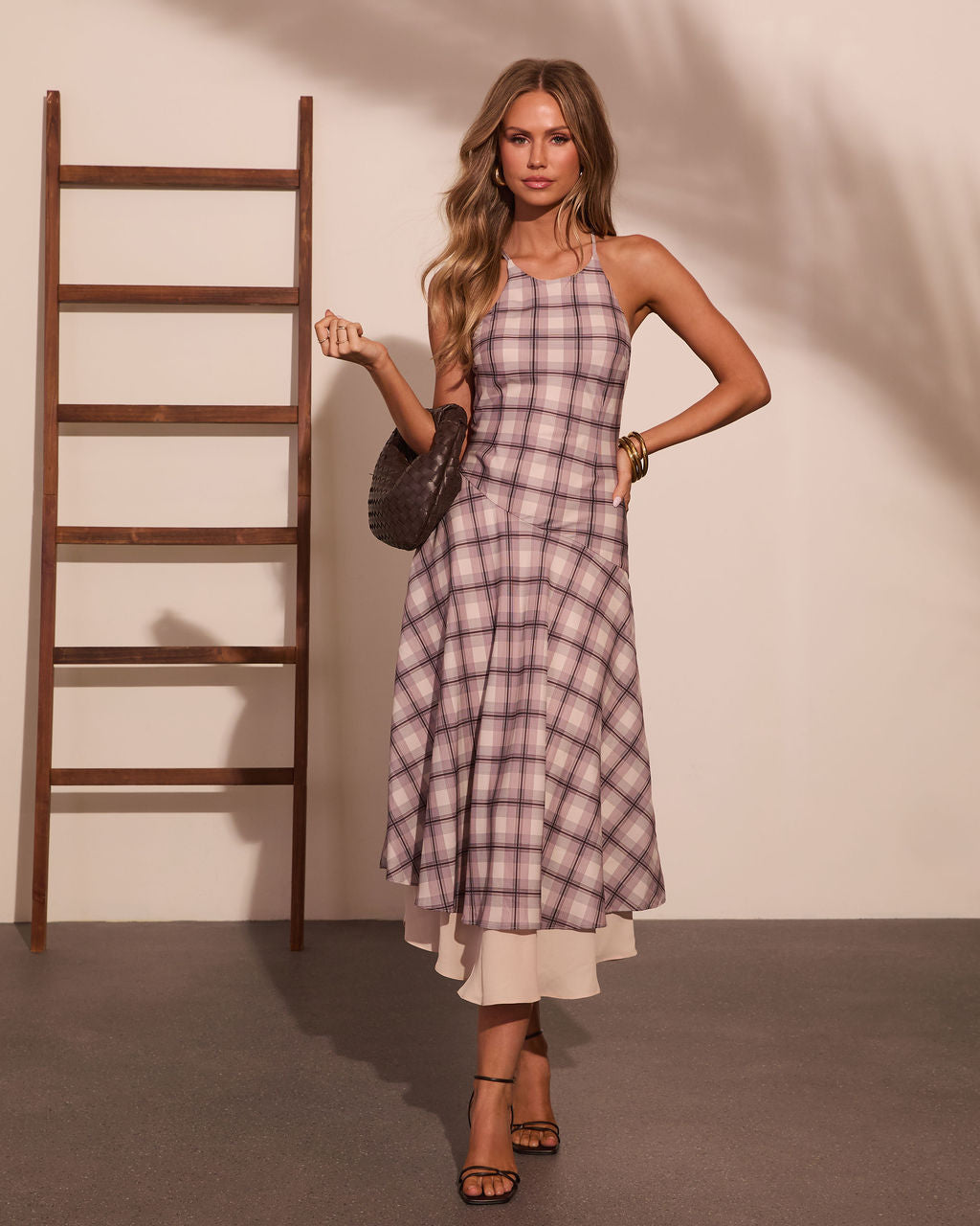 Afternoon Break Plaid Halter Neck Maxi Dress