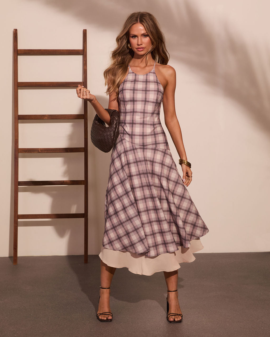 Afternoon Break Plaid Halter Neck Maxi Dress
