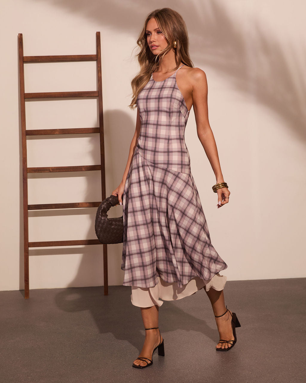 Afternoon Break Plaid Halter Neck Maxi Dress