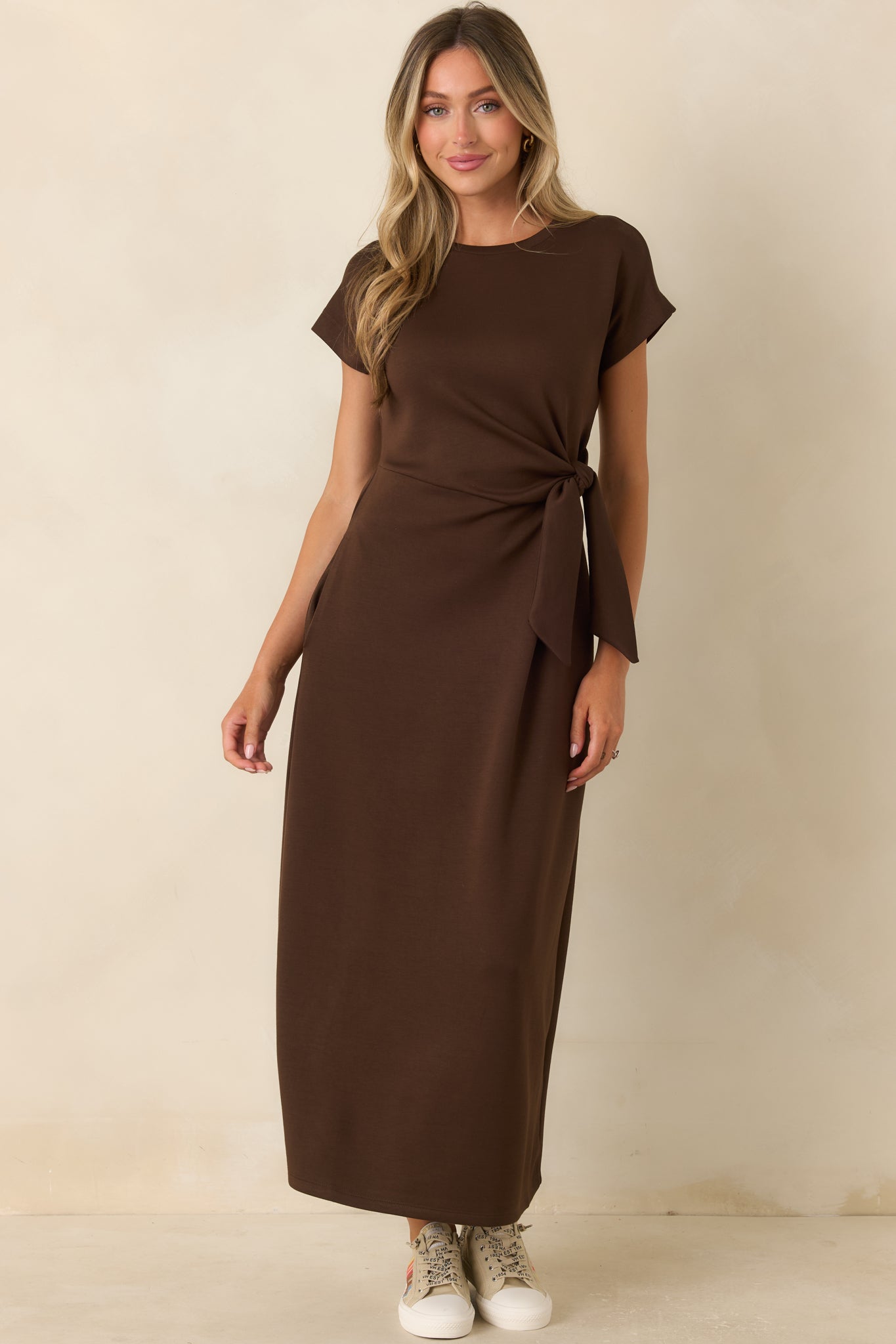 On a Side Note Chocolate Brown Side Tie Maxi Dress