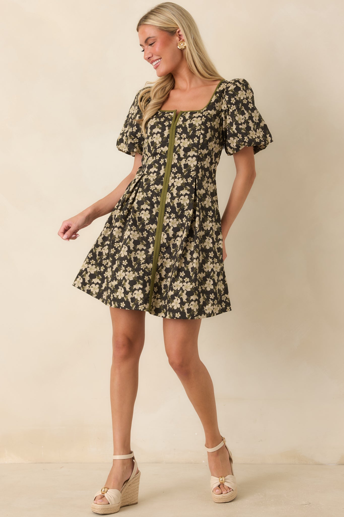 The Prettiest View Olive Green Floral Cotton Mini Dress