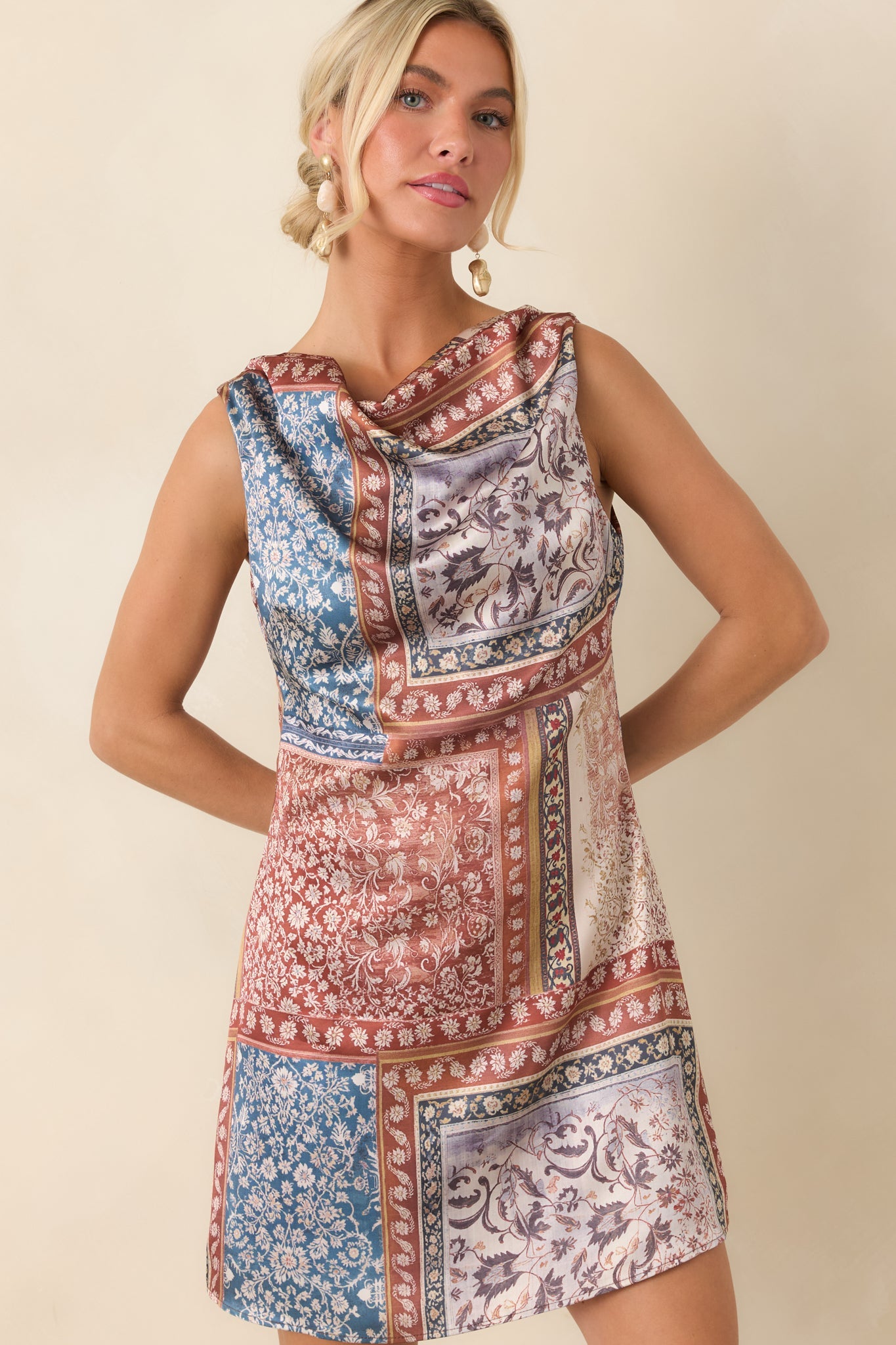 Looking Like a Yes Rust & Blue Scarf Print Cowl Neck Mini Dress