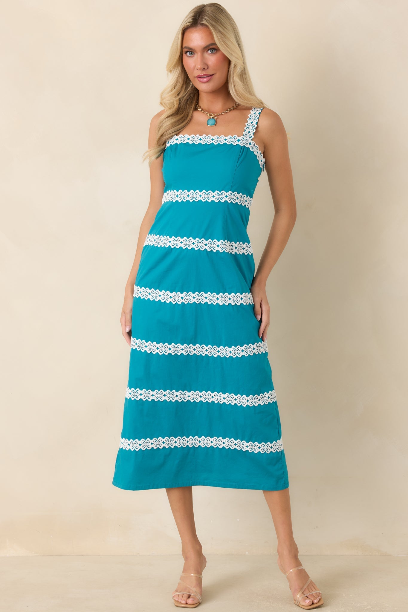 Couldn’t Stay Away Teal & Ivory Floral Lace Midi Dress