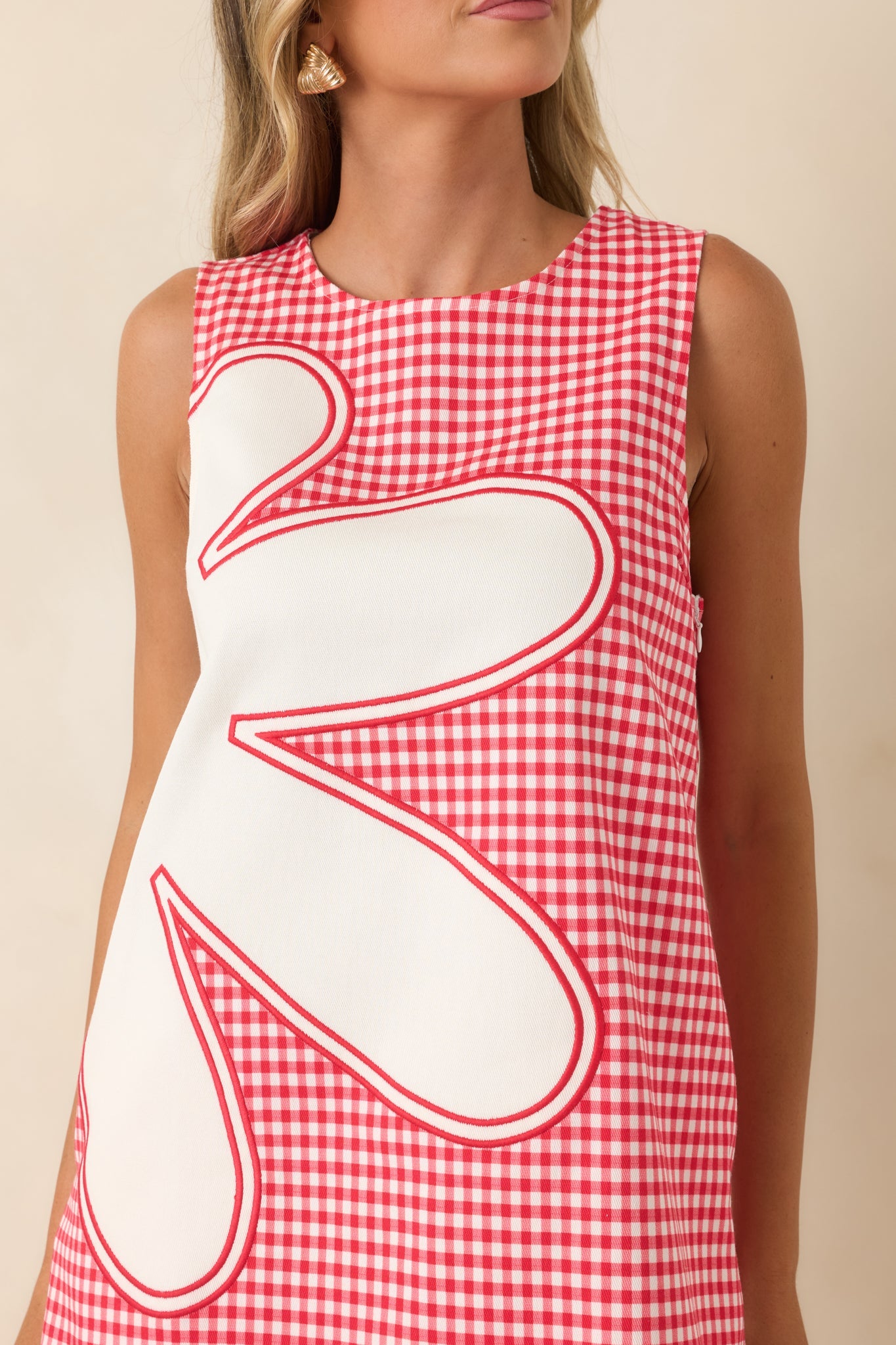 Instant Joy Red Gingham Cotton Appliqué Mini Shift Dress