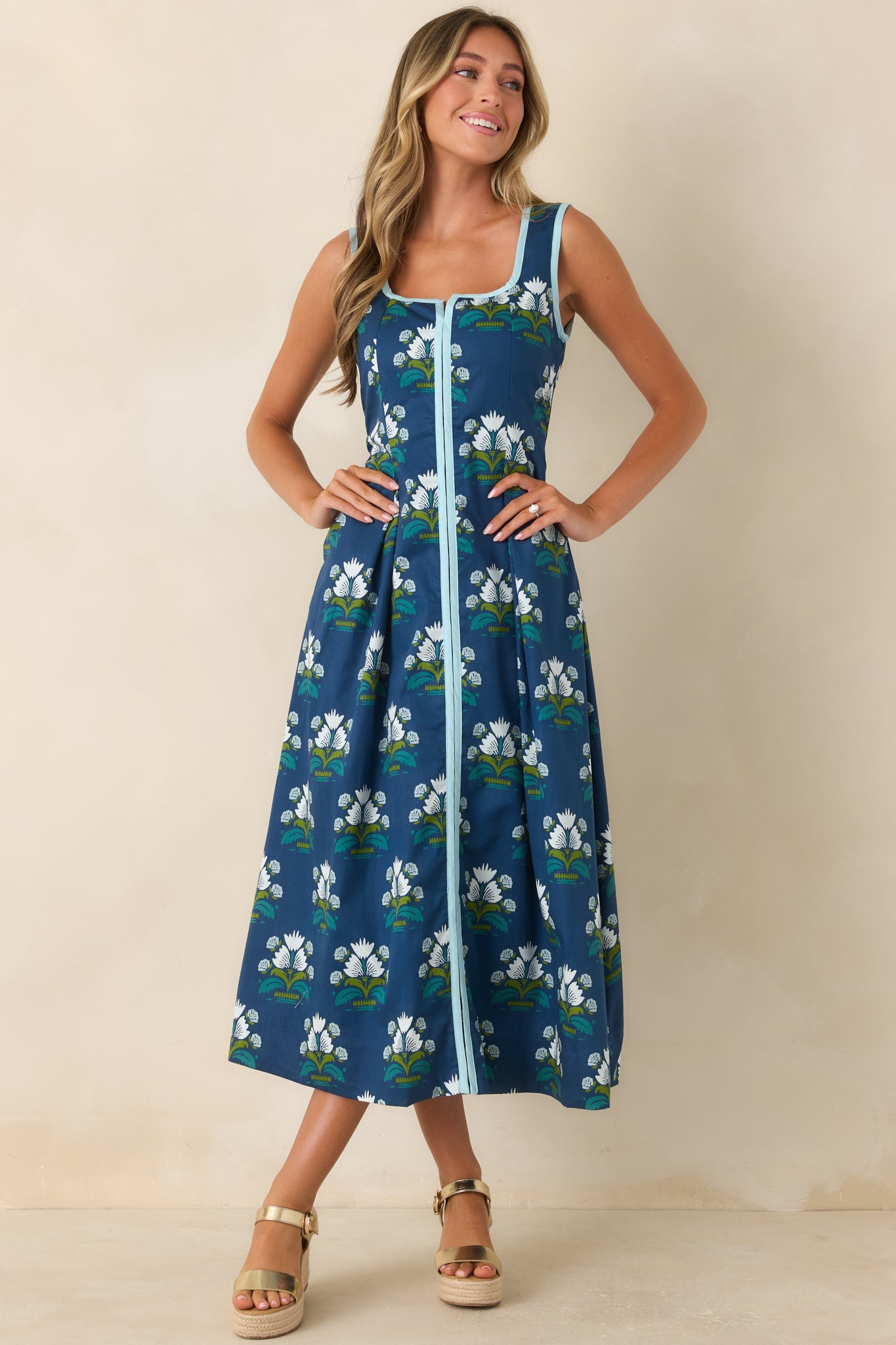 What I Had in Mind Deep Blue Floral Cotton Midi Dress