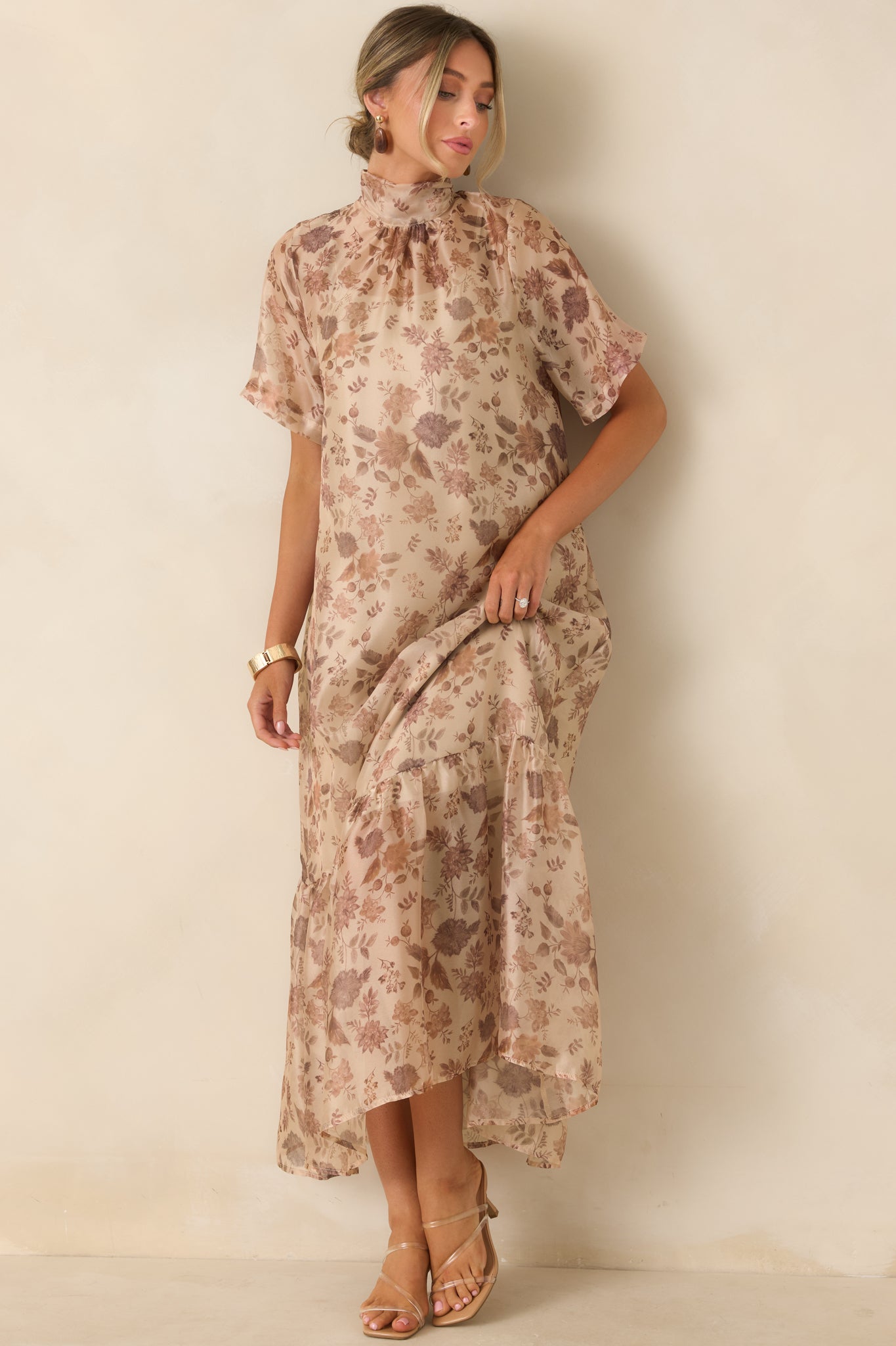 Whispered Intentions Ivory & Taupe Floral Tiered Maxi Dress