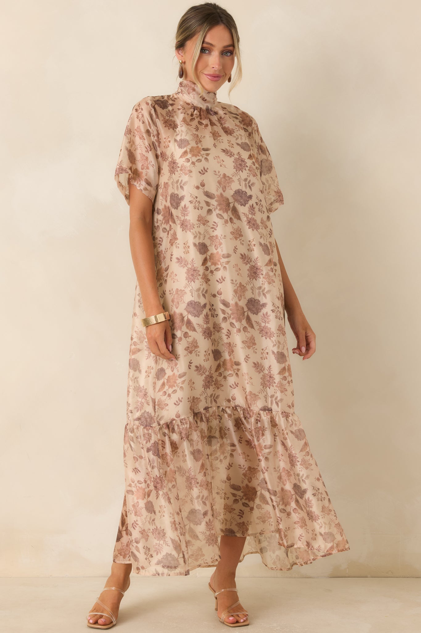 Whispered Intentions Ivory & Taupe Floral Tiered Maxi Dress