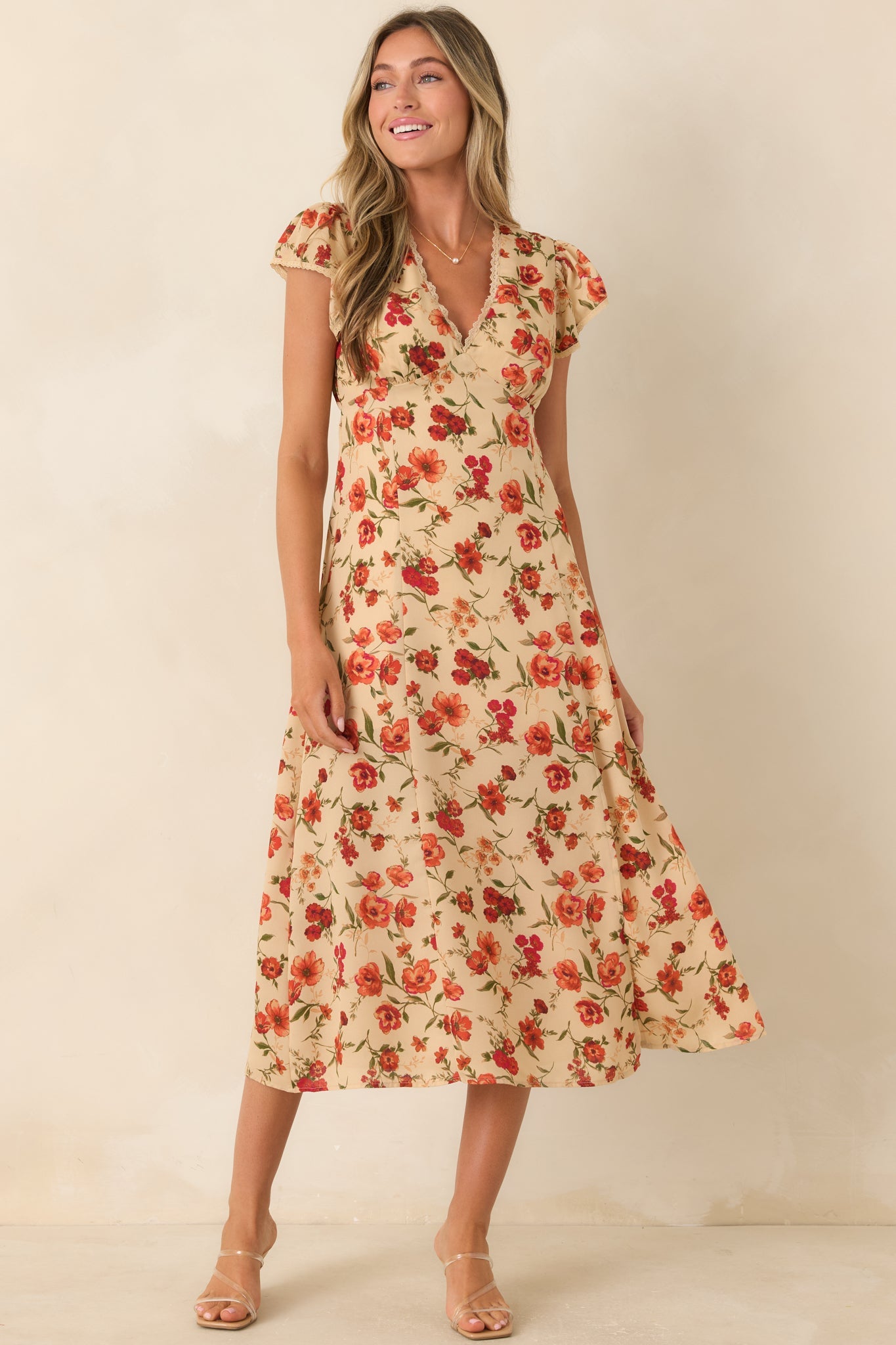 Tender Moments Light Beige Floral Lace-Trim Midi Dress