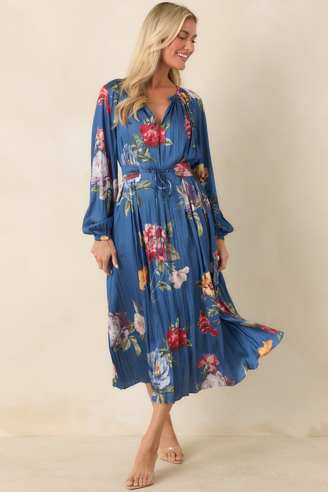 Take My Breath Away Blue Multi Floral Pleated Midi Dress