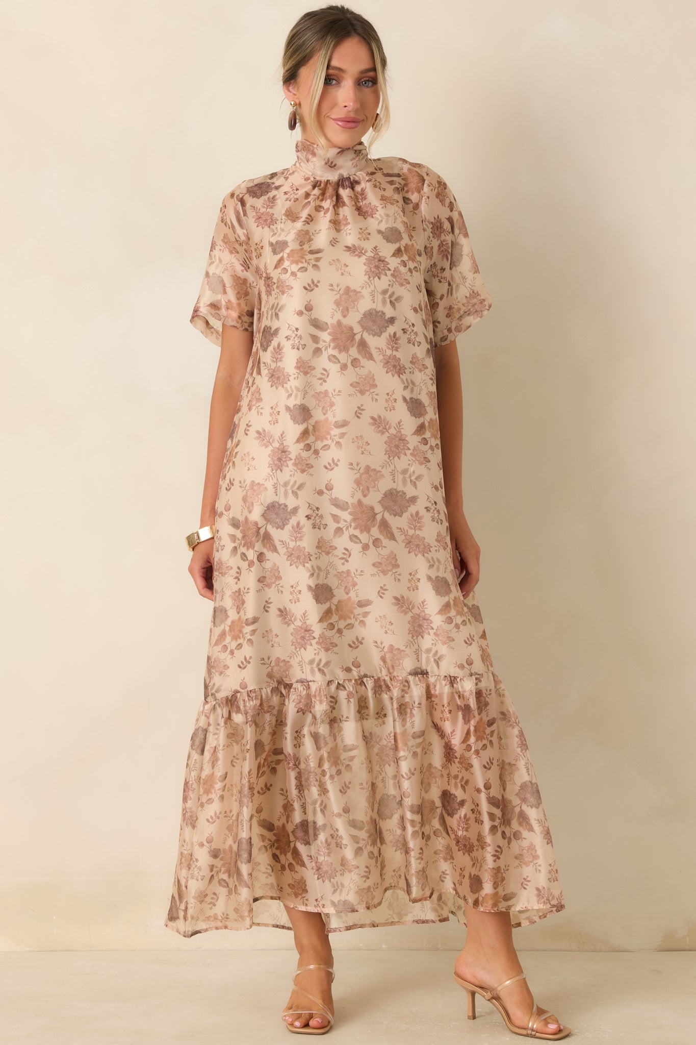 Whispered Intentions Ivory & Taupe Floral Tiered Maxi Dress