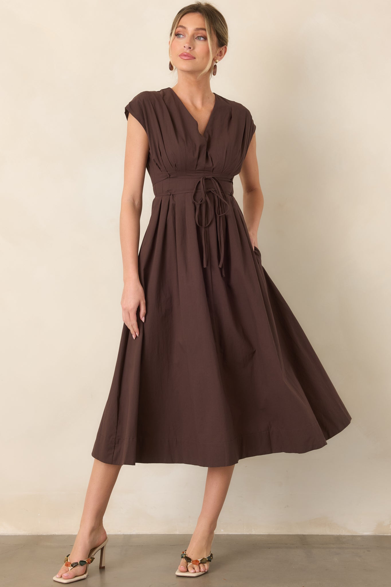 Gentle Reminders Brown Cotton Pleated V-Neck Midi Dress