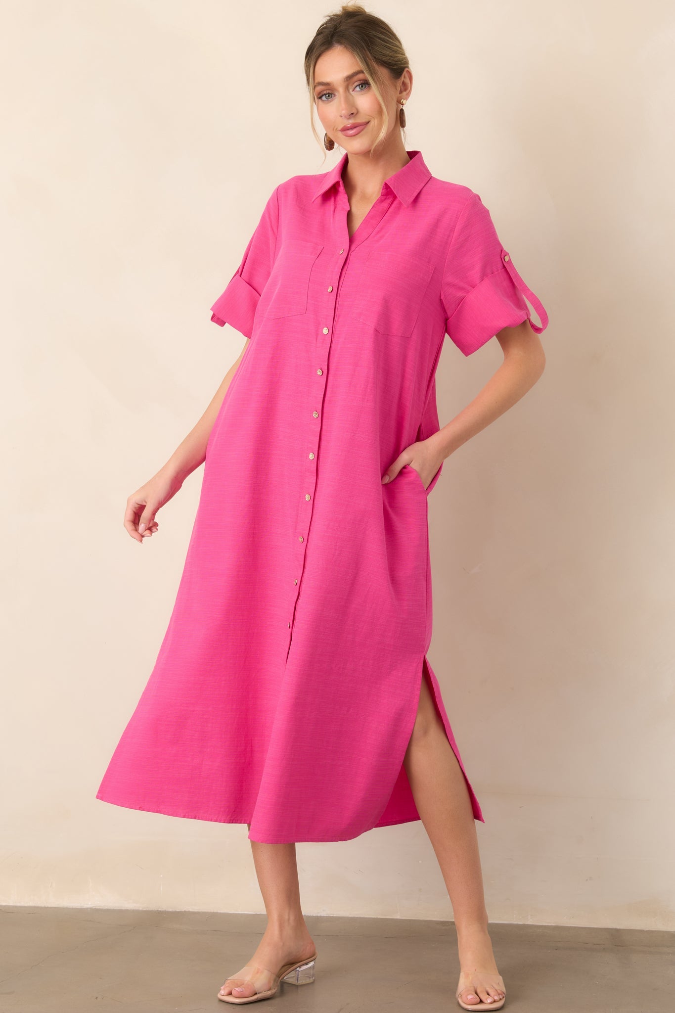 Show Me the Way Fuchsia Cotton Button Front Midi Shirt Dress