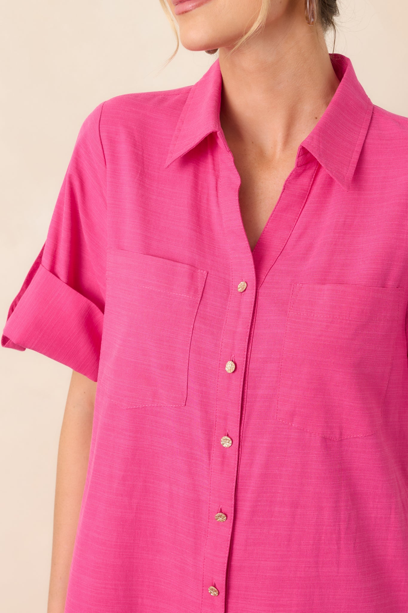Show Me the Way Fuchsia Cotton Button Front Midi Shirt Dress