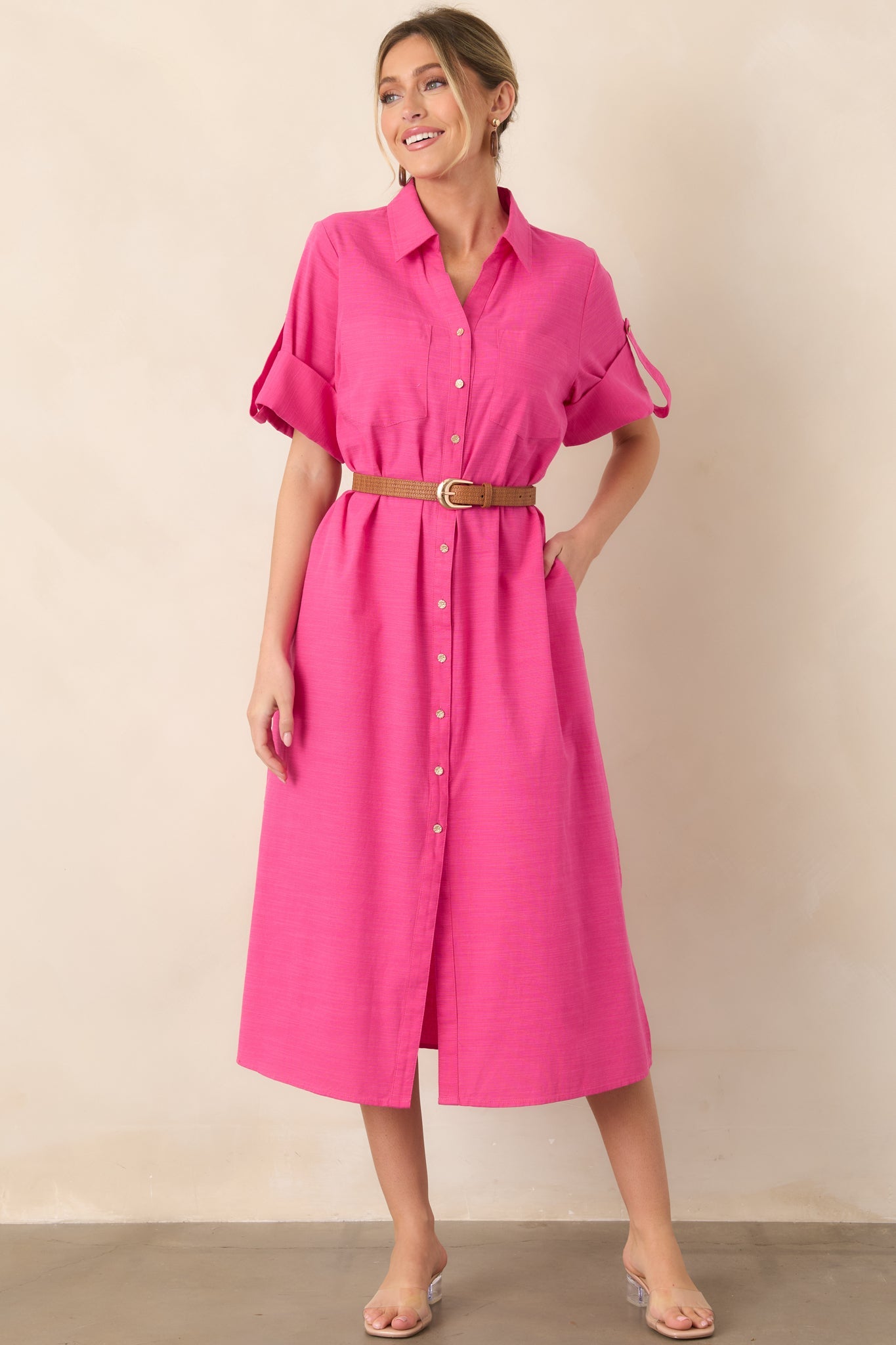 Show Me the Way Fuchsia Cotton Button Front Midi Shirt Dress