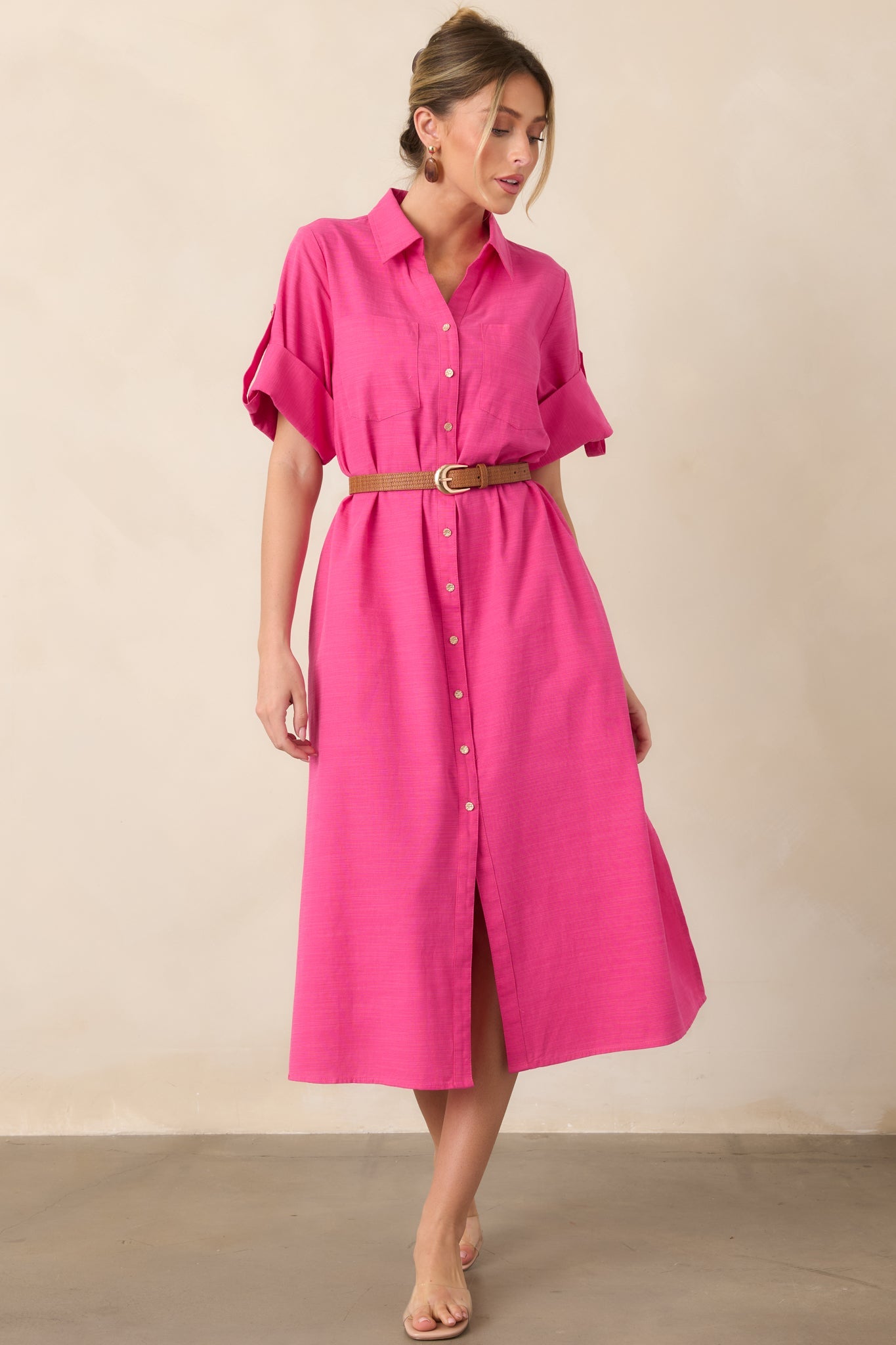 Show Me the Way Fuchsia Cotton Button Front Midi Shirt Dress