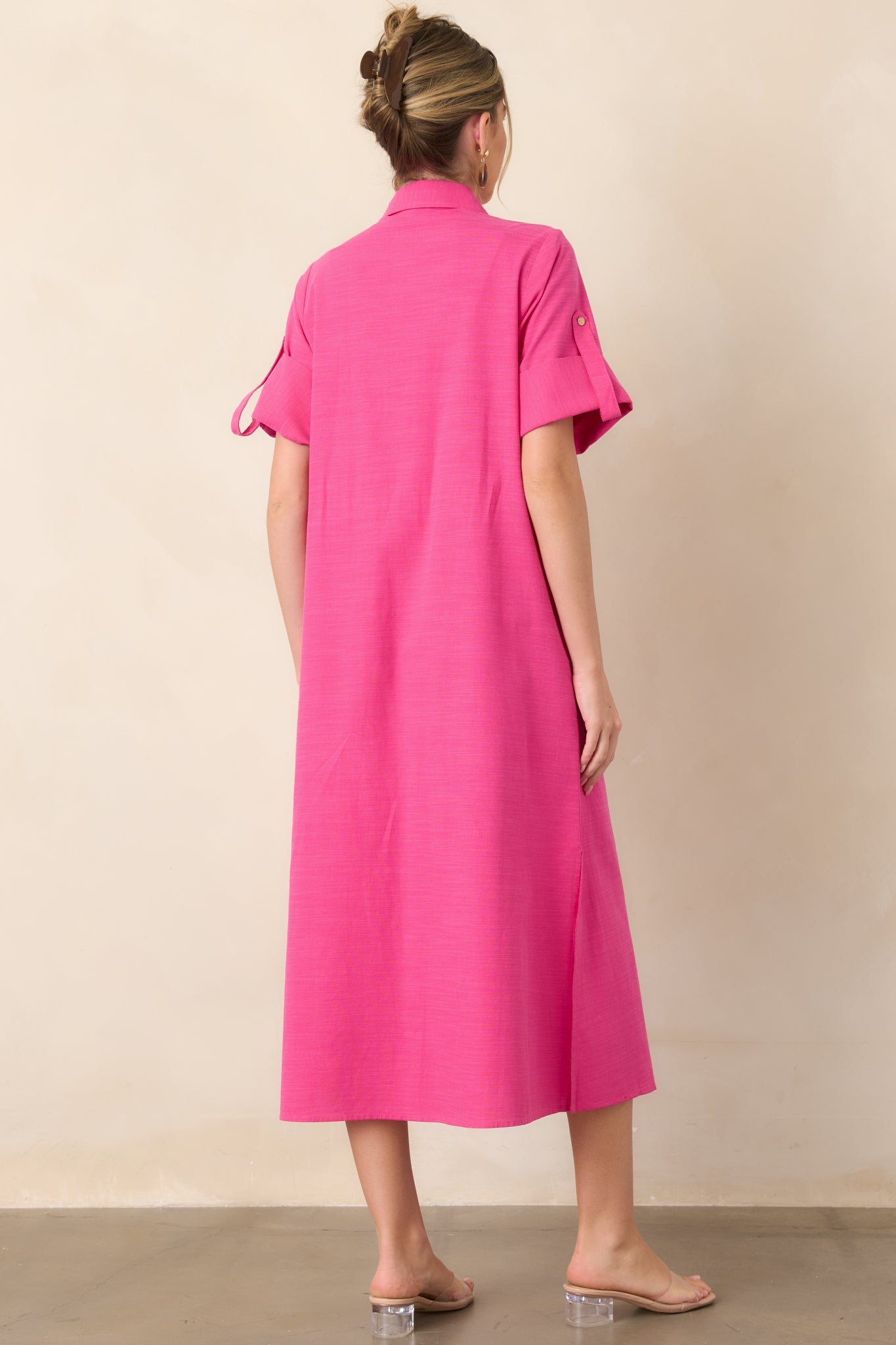 Show Me the Way Fuchsia Cotton Button Front Midi Shirt Dress