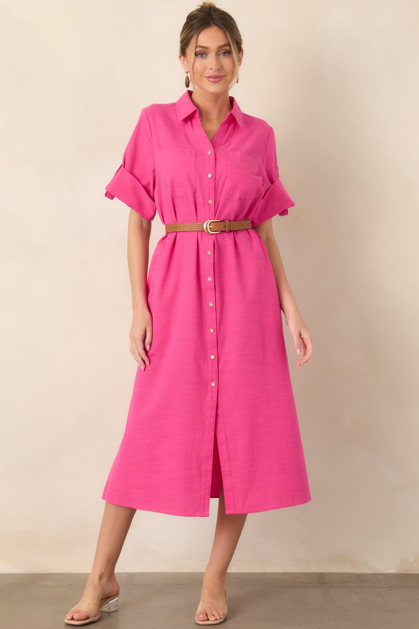 Show Me the Way Fuchsia Cotton Button Front Midi Shirt Dress