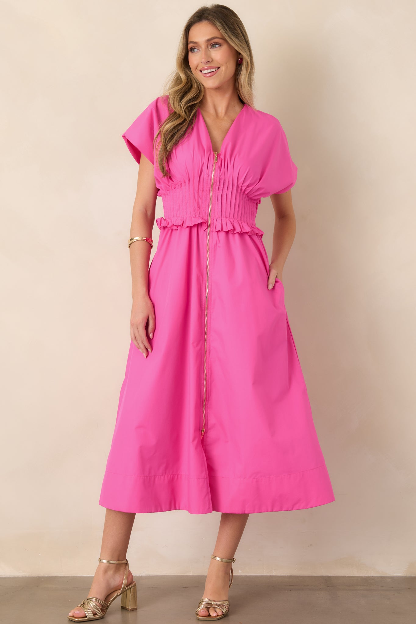 Let It Be Easy Fuchsia Smocked Waist Zip Maxi Dress