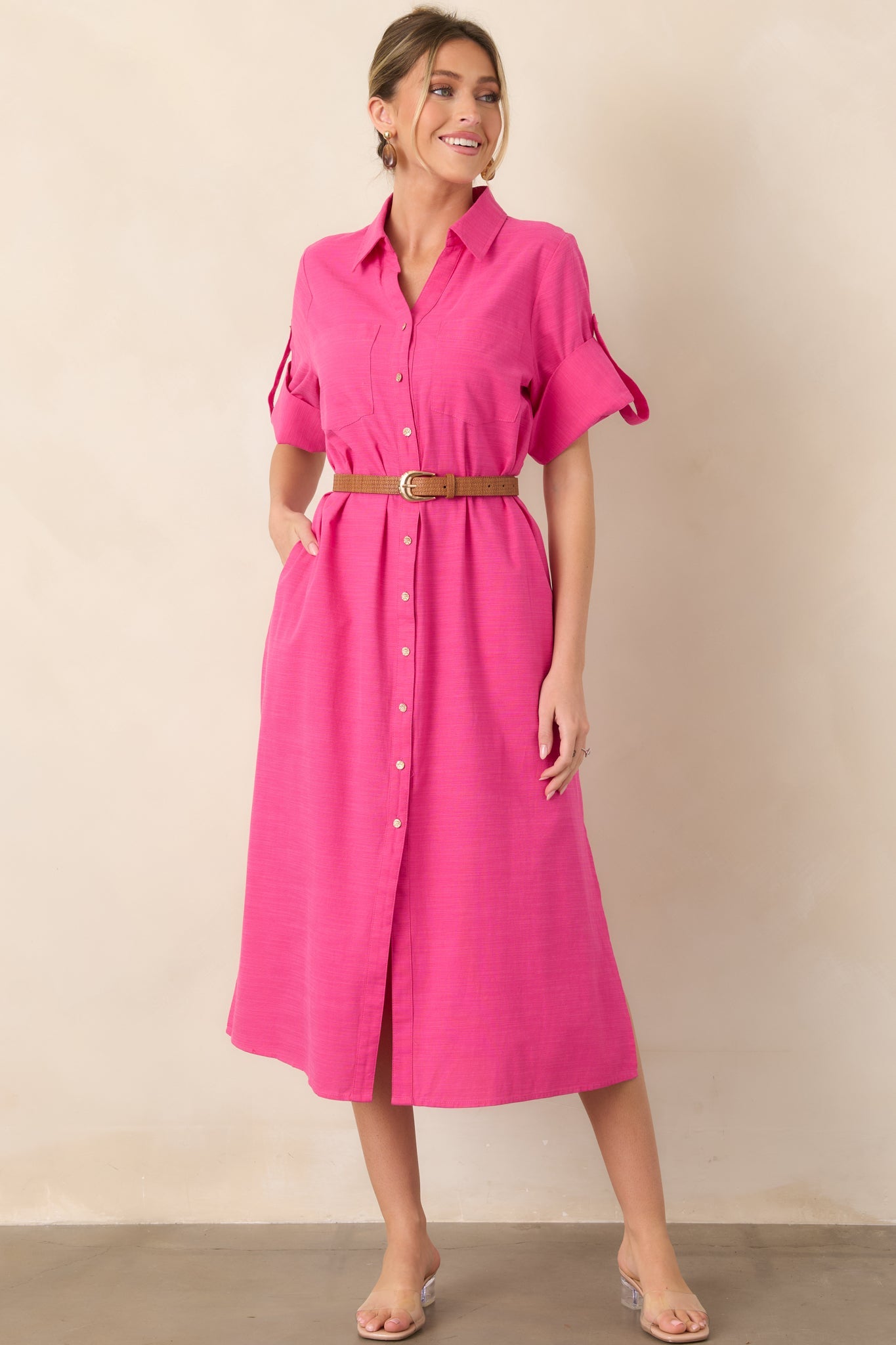 Show Me the Way Fuchsia Cotton Button Front Midi Shirt Dress