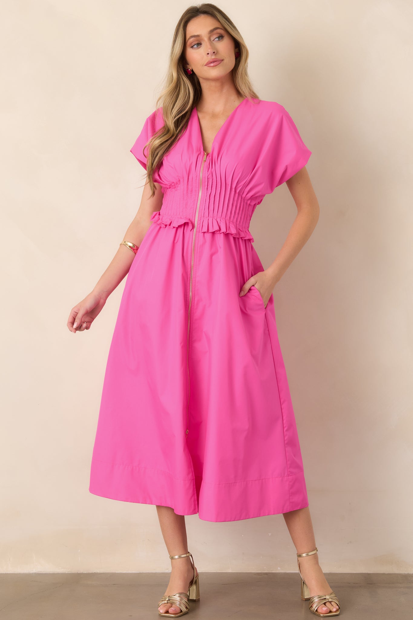 Let It Be Easy Fuchsia Smocked Waist Zip Maxi Dress