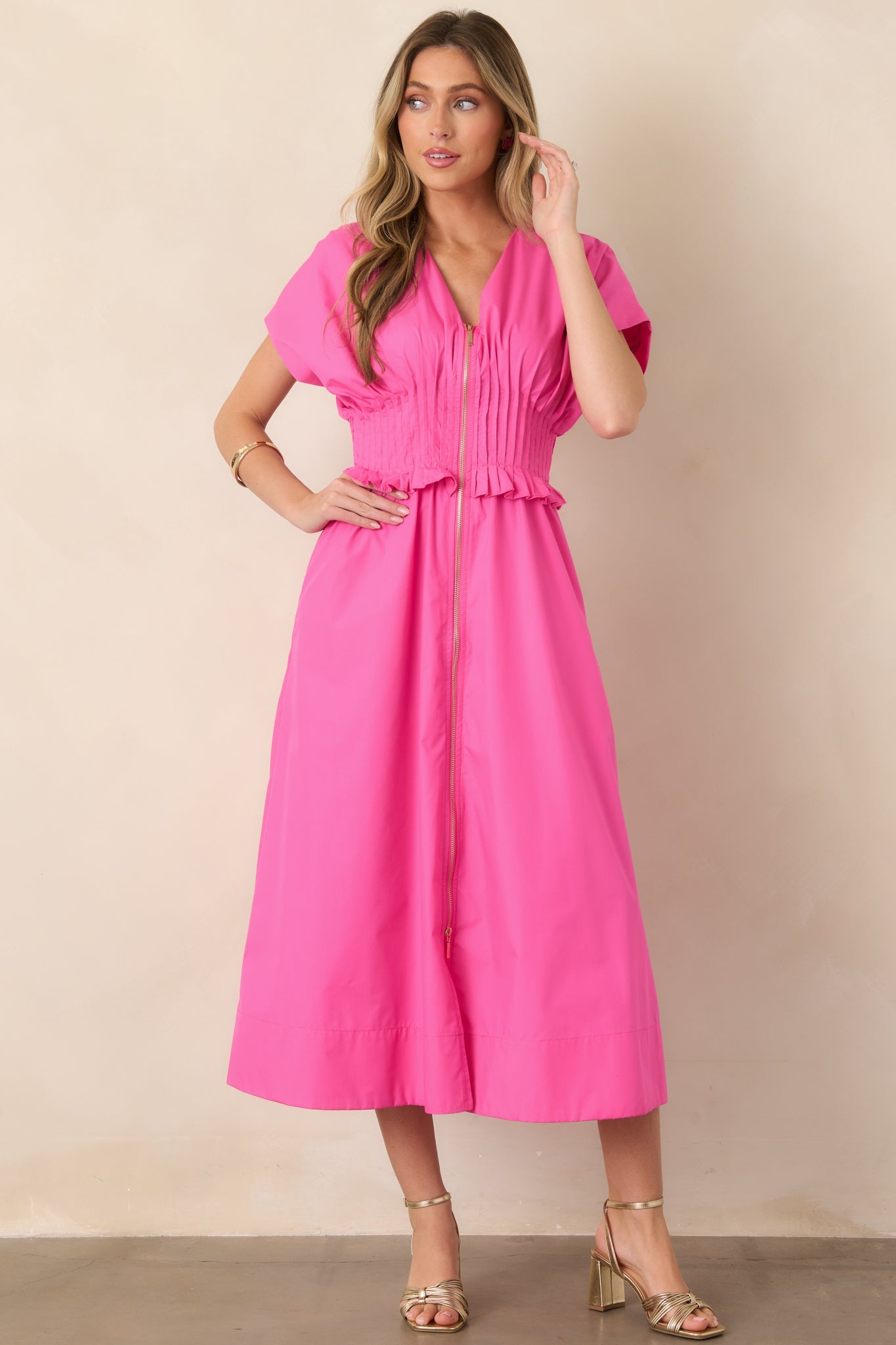 Let It Be Easy Fuchsia Smocked Waist Zip Maxi Dress