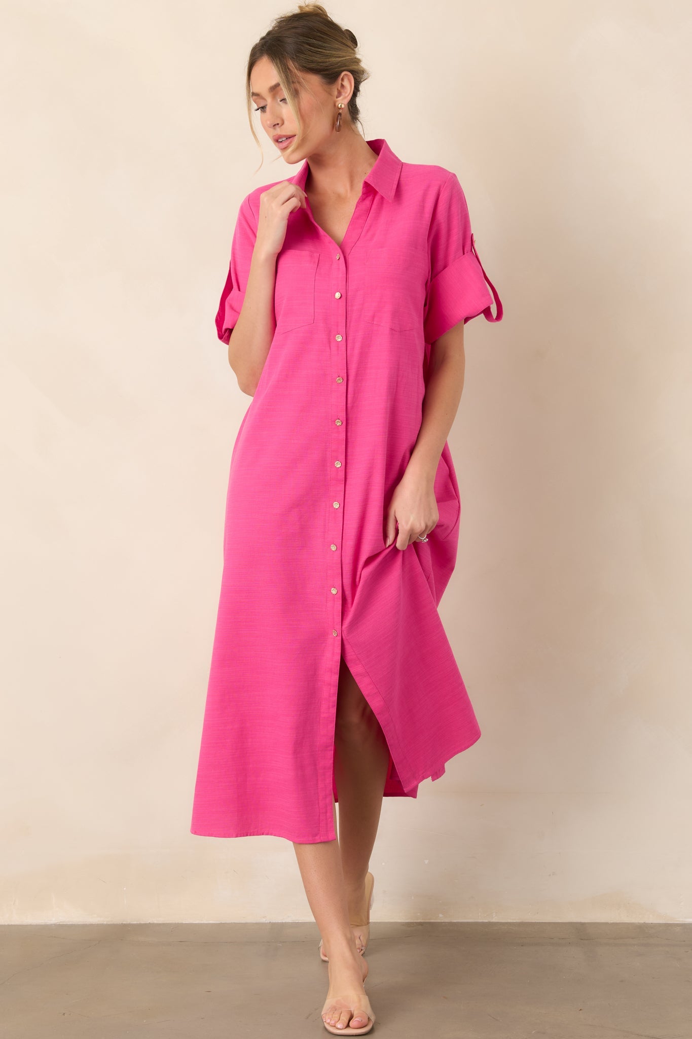 Show Me the Way Fuchsia Cotton Button Front Midi Shirt Dress