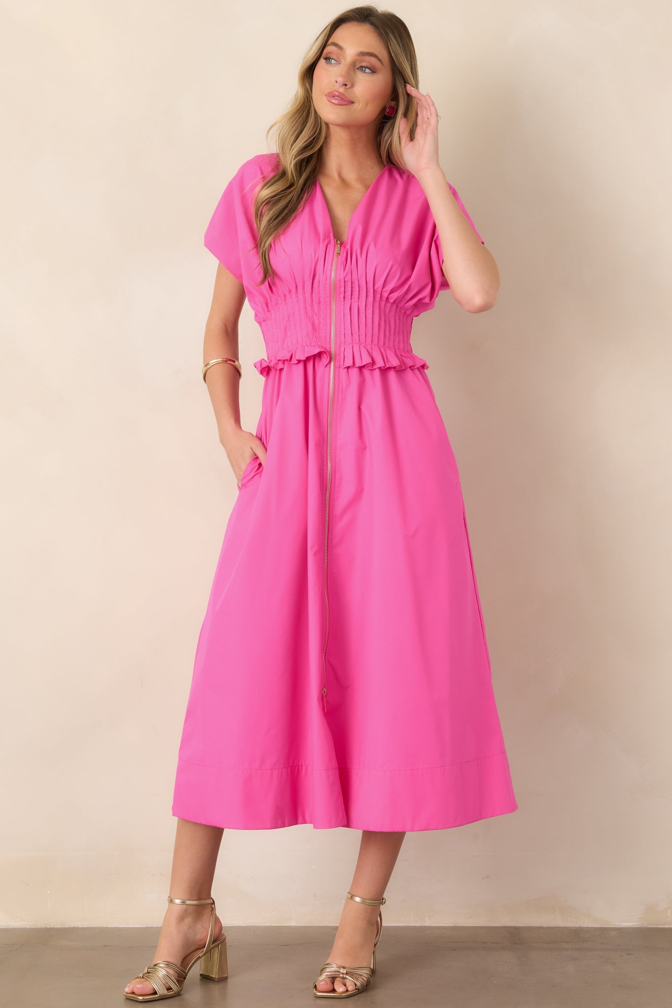 Let It Be Easy Fuchsia Smocked Waist Zip Maxi Dress