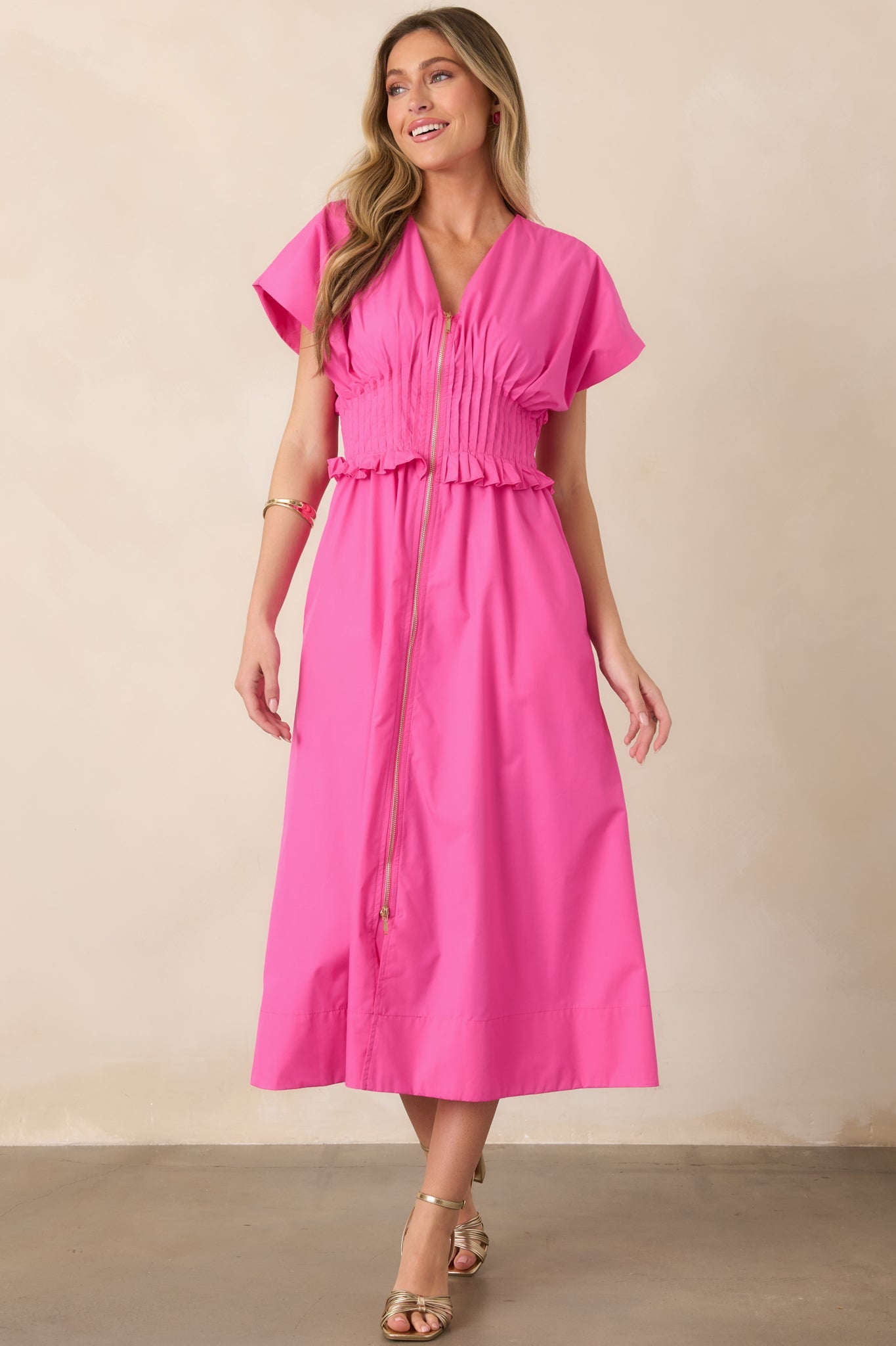 Let It Be Easy Fuchsia Smocked Waist Zip Maxi Dress