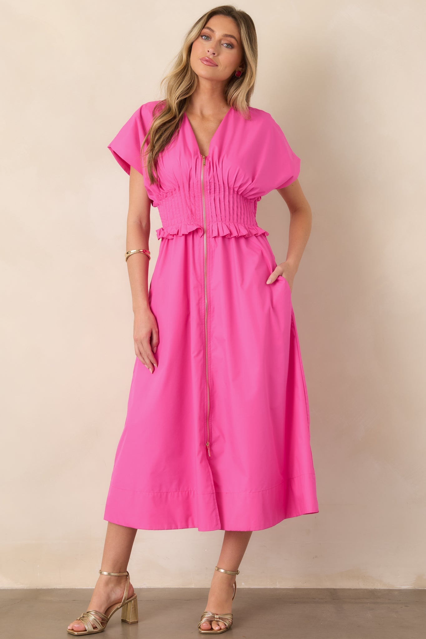 Let It Be Easy Fuchsia Smocked Waist Zip Maxi Dress