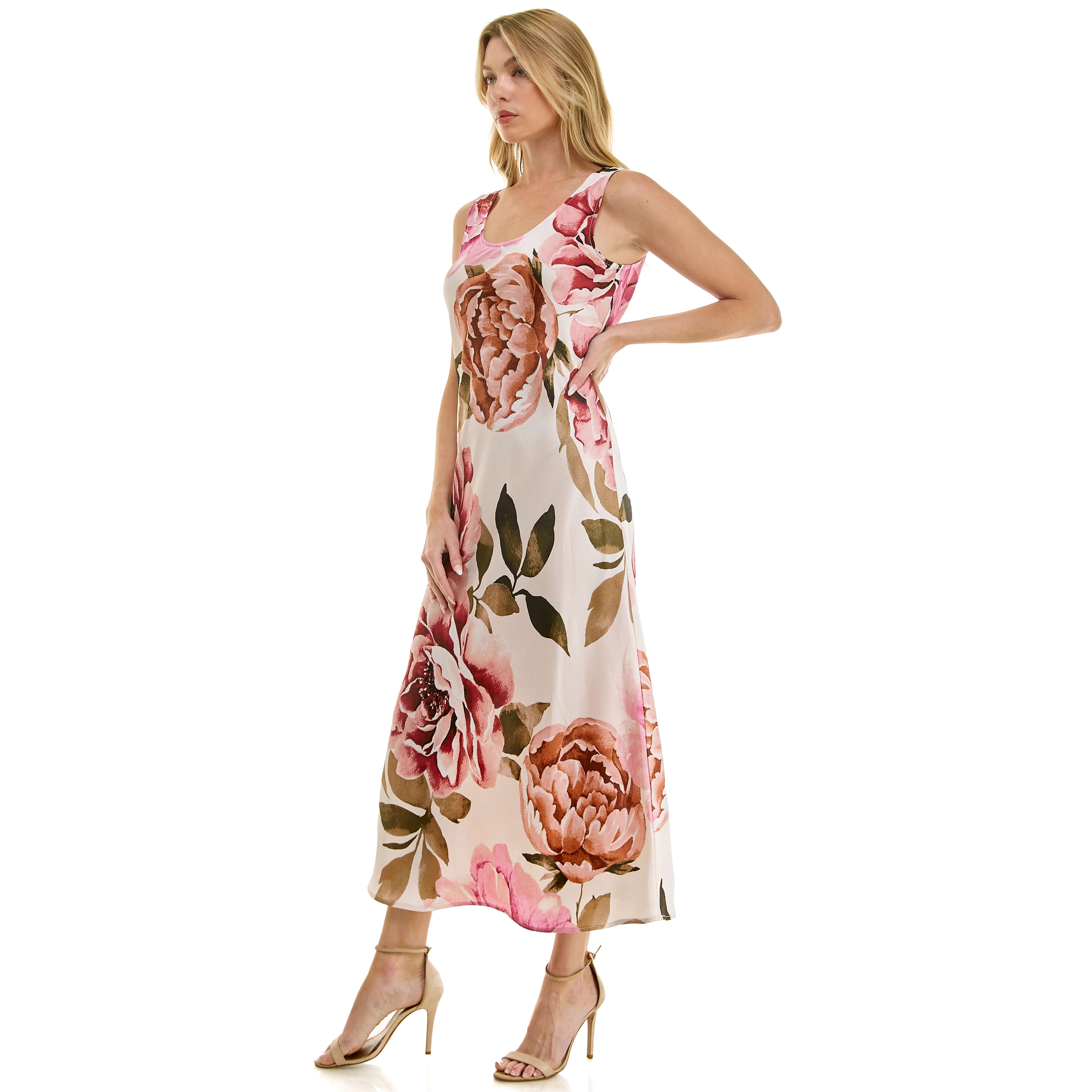 Sleeveless Scoop Neck Maxi Dress In Cream/Rust/Mauve