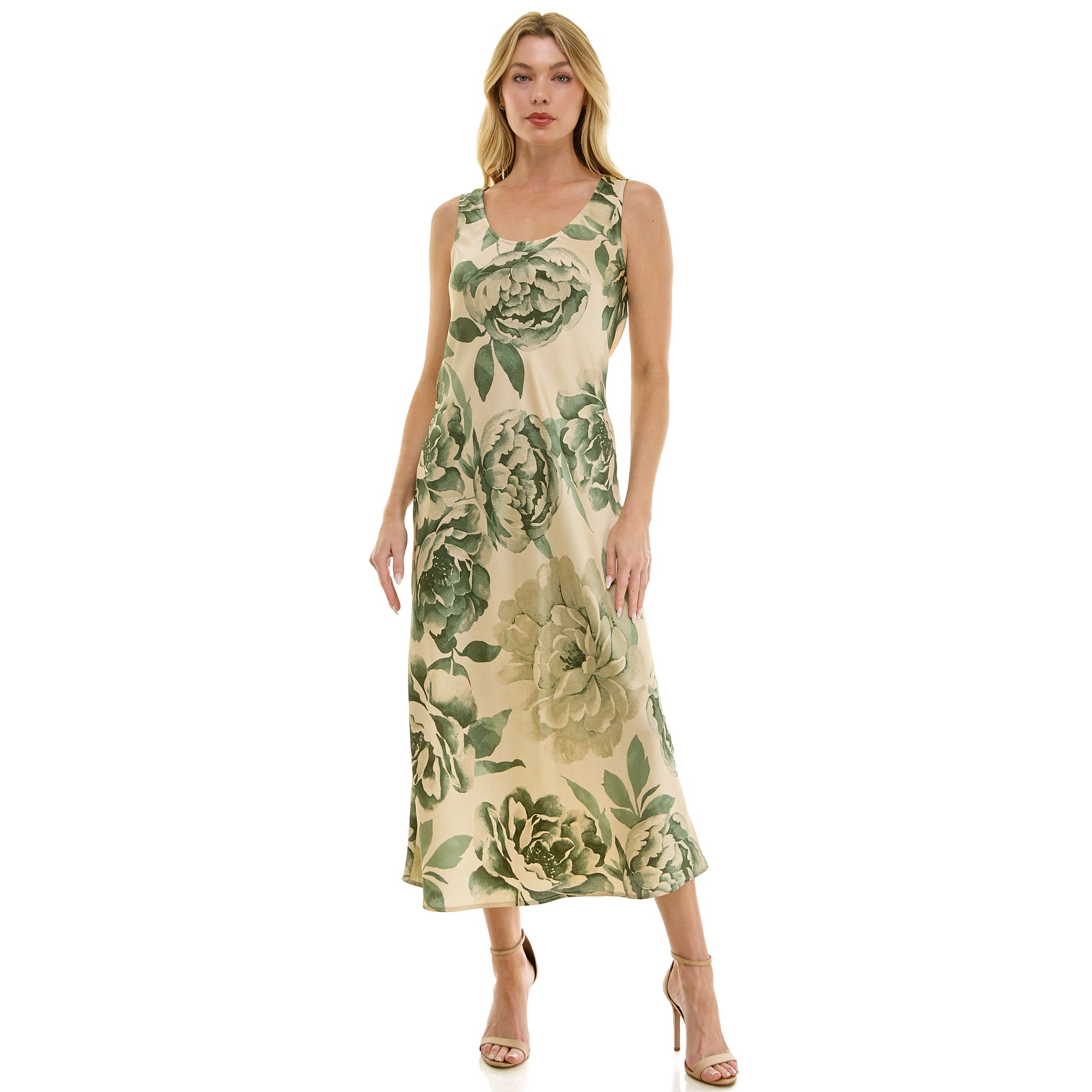 Sleeveless Scoop Neck Maxi Dress In Tan/Olive/Green