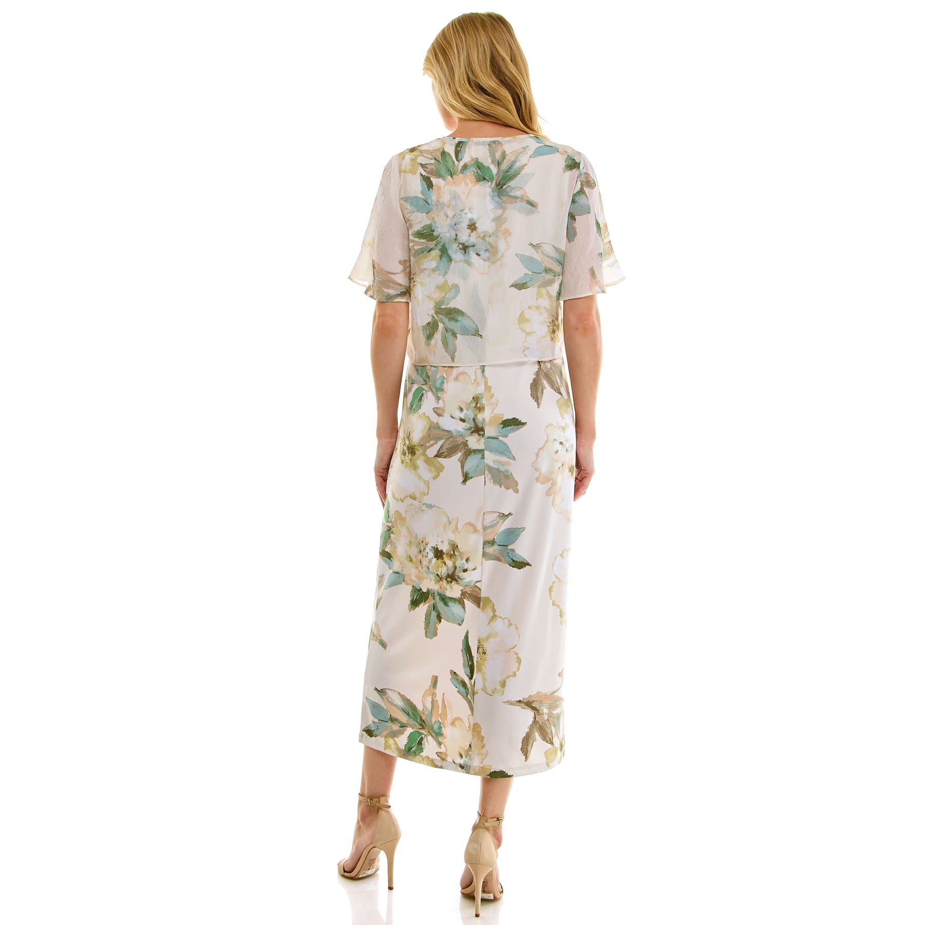 Sleeveless Maxi Dress With Separate Front Tie Shrug In Cream/Green/Taupe