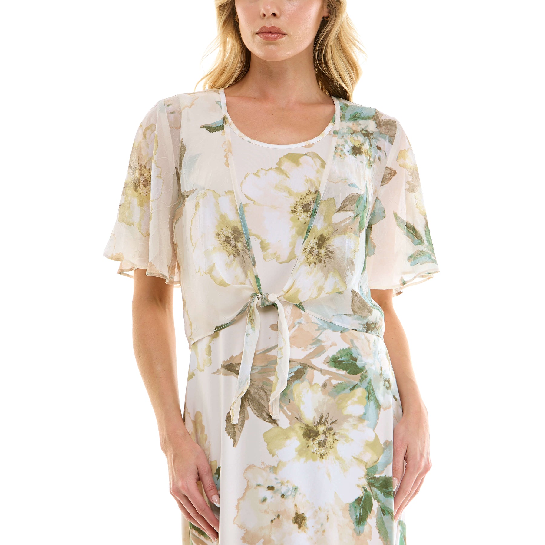Sleeveless Maxi Dress With Separate Front Tie Shrug In Cream/Green/Taupe