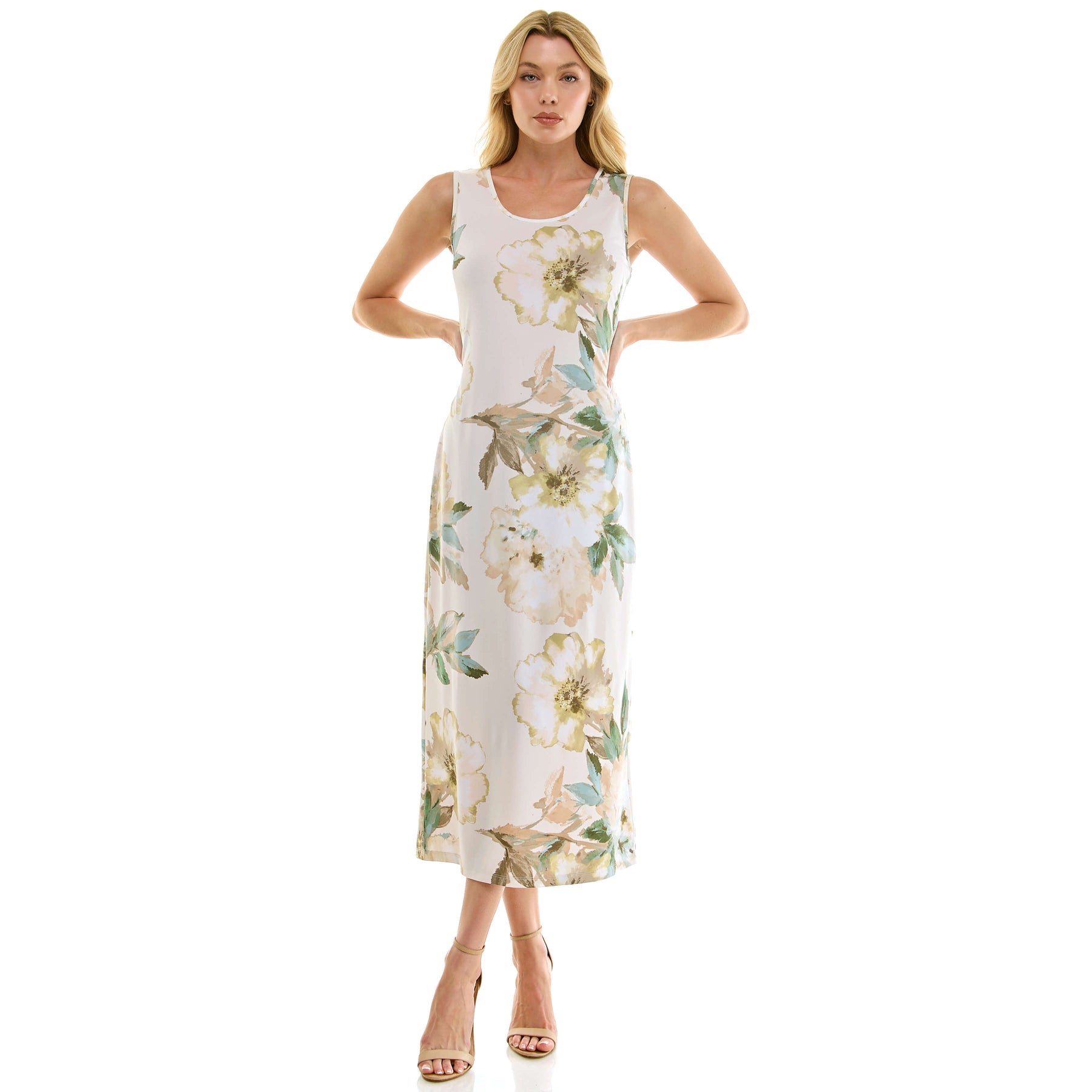 Sleeveless Maxi Dress With Separate Front Tie Shrug In Cream/Green/Taupe