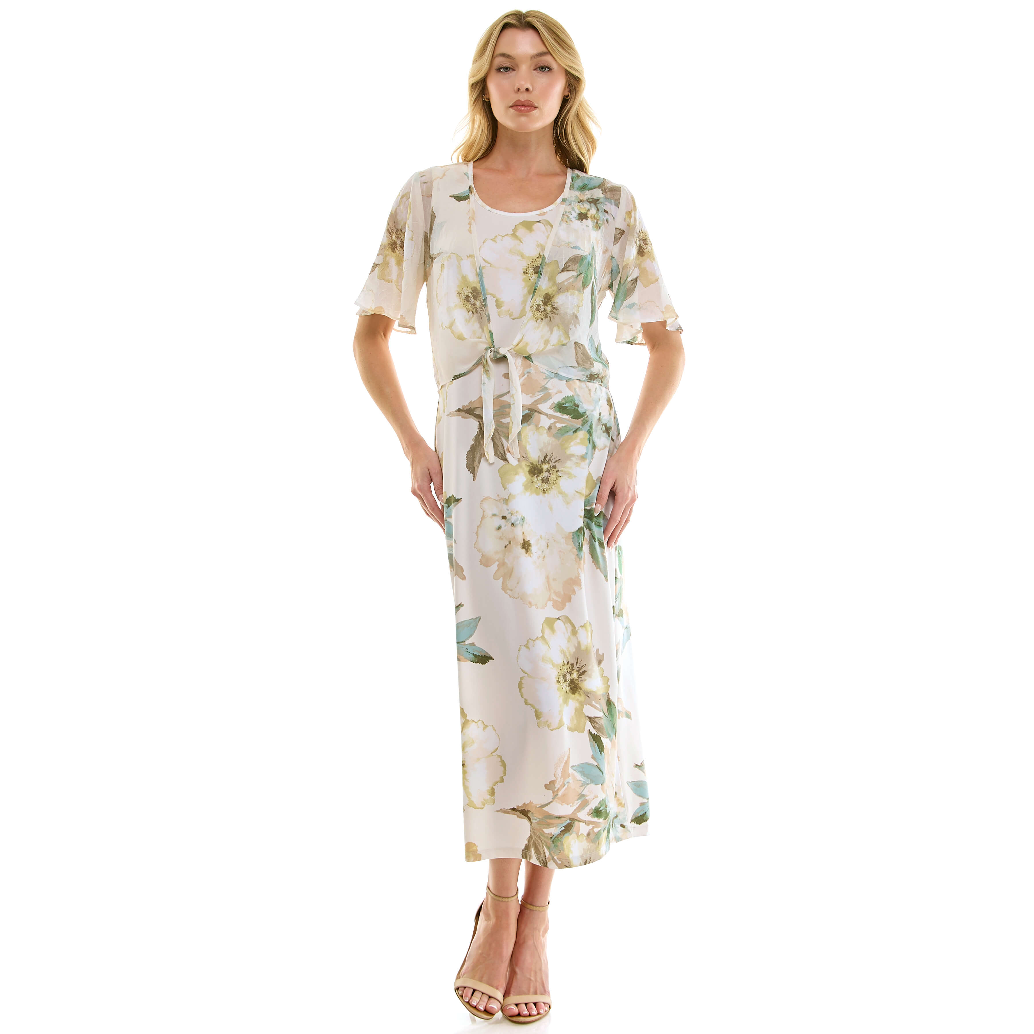 Sleeveless Maxi Dress With Separate Front Tie Shrug In Cream/Green/Taupe