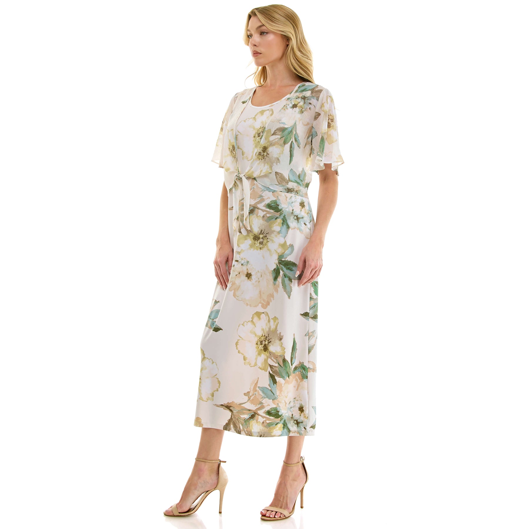 Sleeveless Maxi Dress With Separate Front Tie Shrug In Cream/Green/Taupe