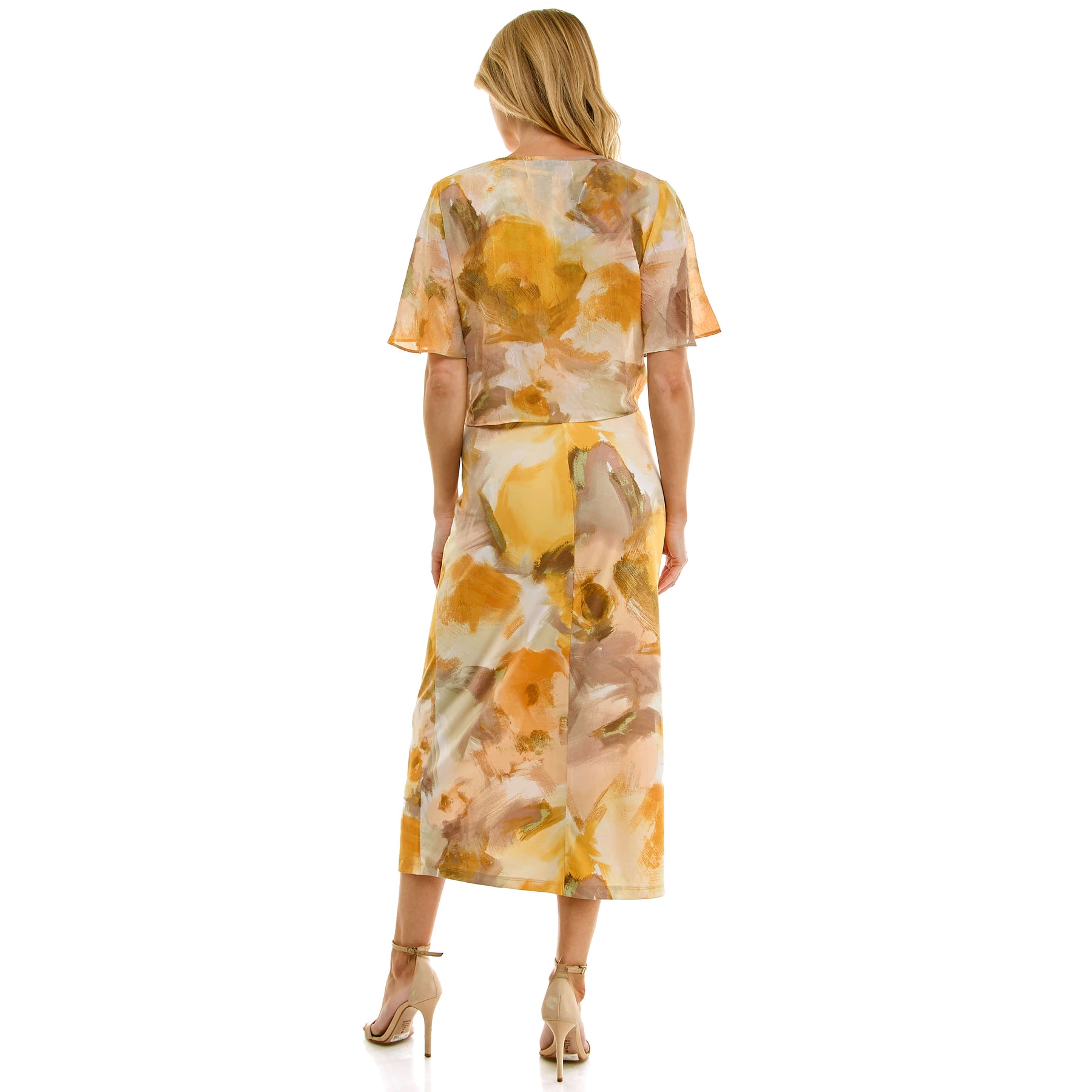 Sleeveless Maxi Dress With Separate Front Tie Shrug In Sage/Yellow/Taupe