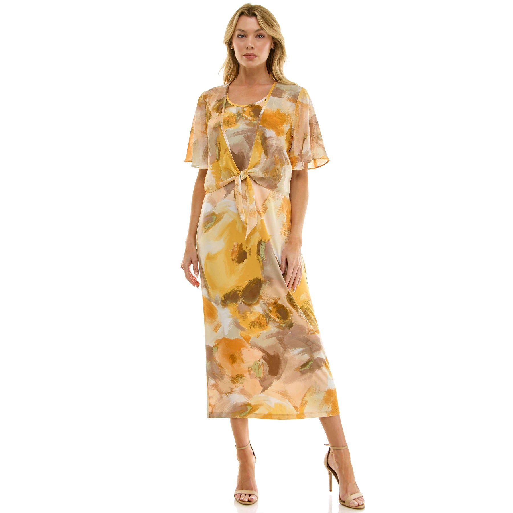 Sleeveless Maxi Dress With Separate Front Tie Shrug In Sage/Yellow/Taupe