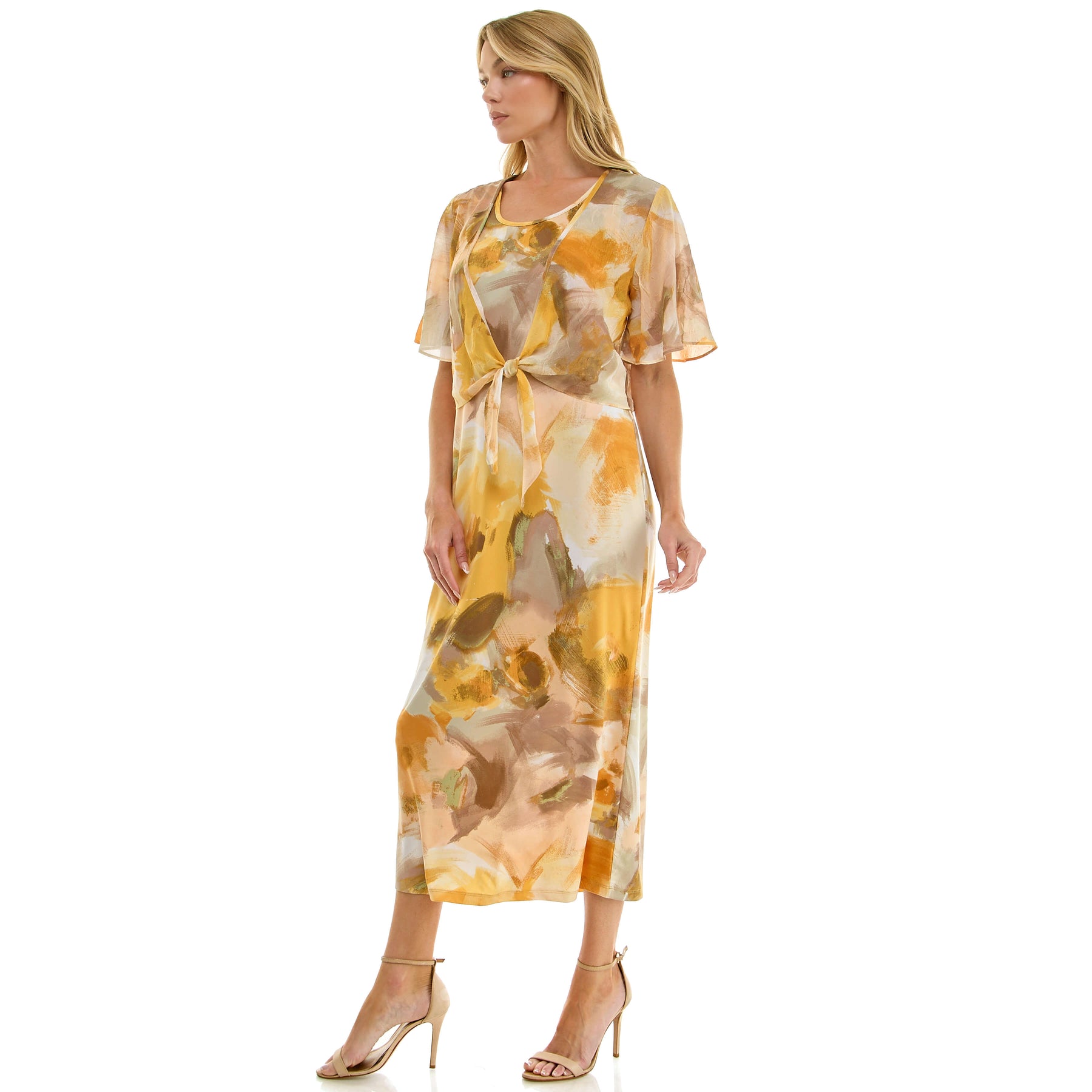 Sleeveless Maxi Dress With Separate Front Tie Shrug In Sage/Yellow/Taupe