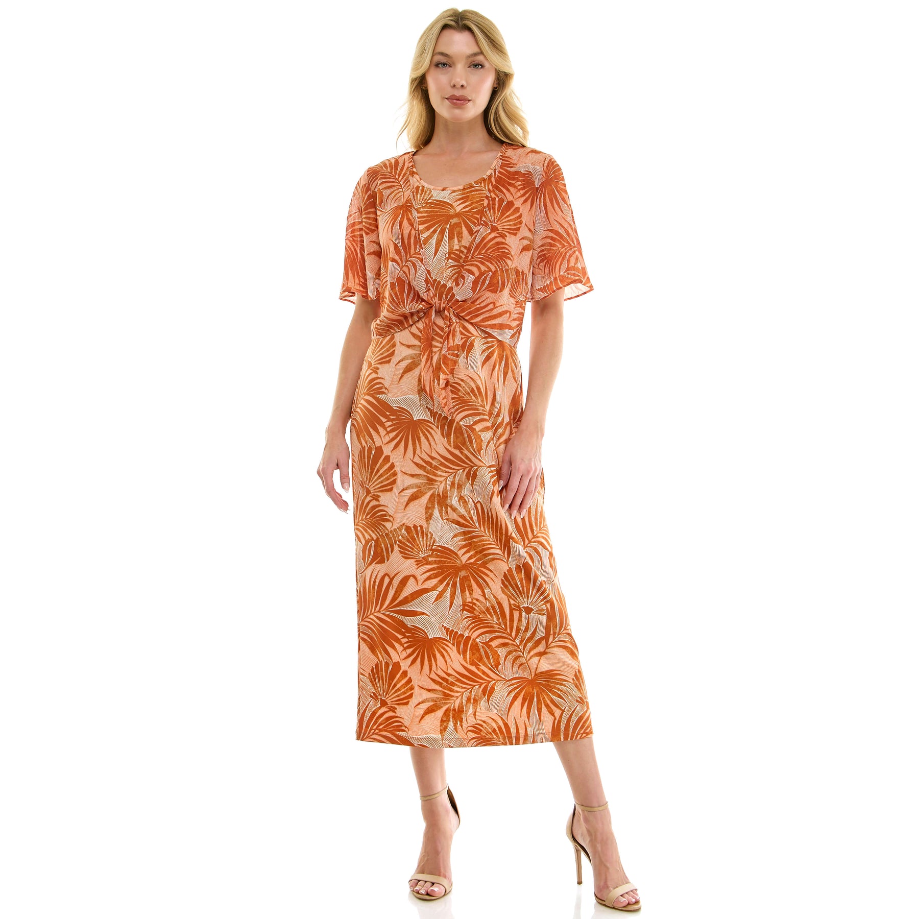 Sleeveless Maxi Dress With Separate Front Tie Shrug In Clay/Rust/Ivory