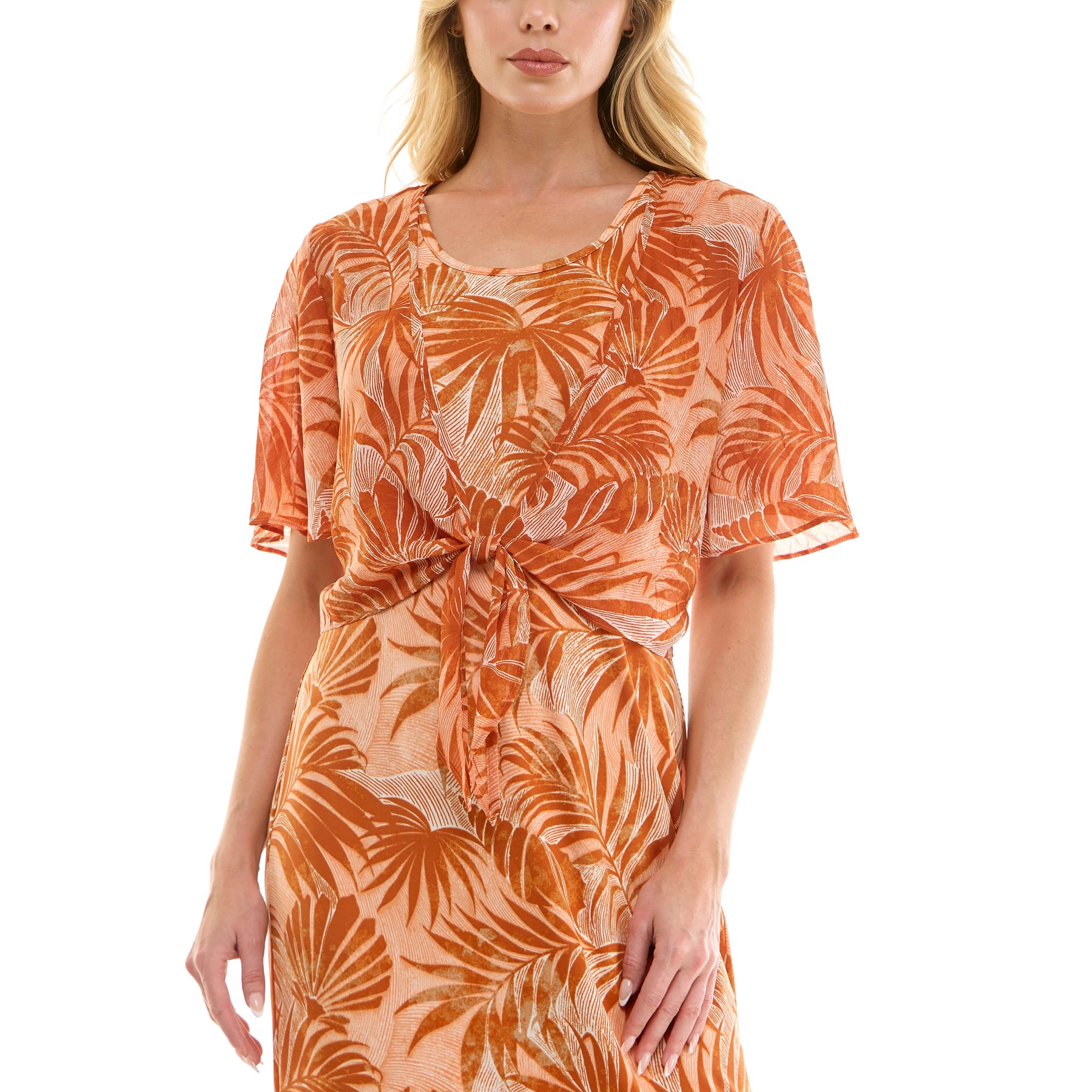 Sleeveless Maxi Dress With Separate Front Tie Shrug In Clay/Rust/Ivory