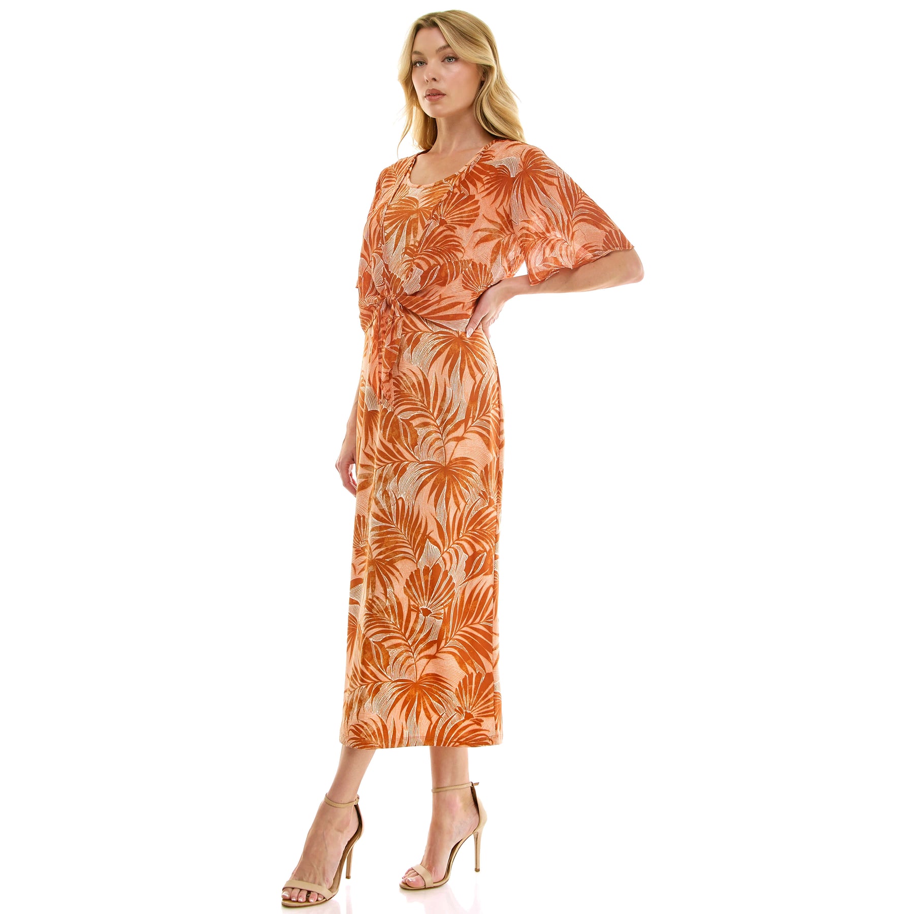 Sleeveless Maxi Dress With Separate Front Tie Shrug In Clay/Rust/Ivory