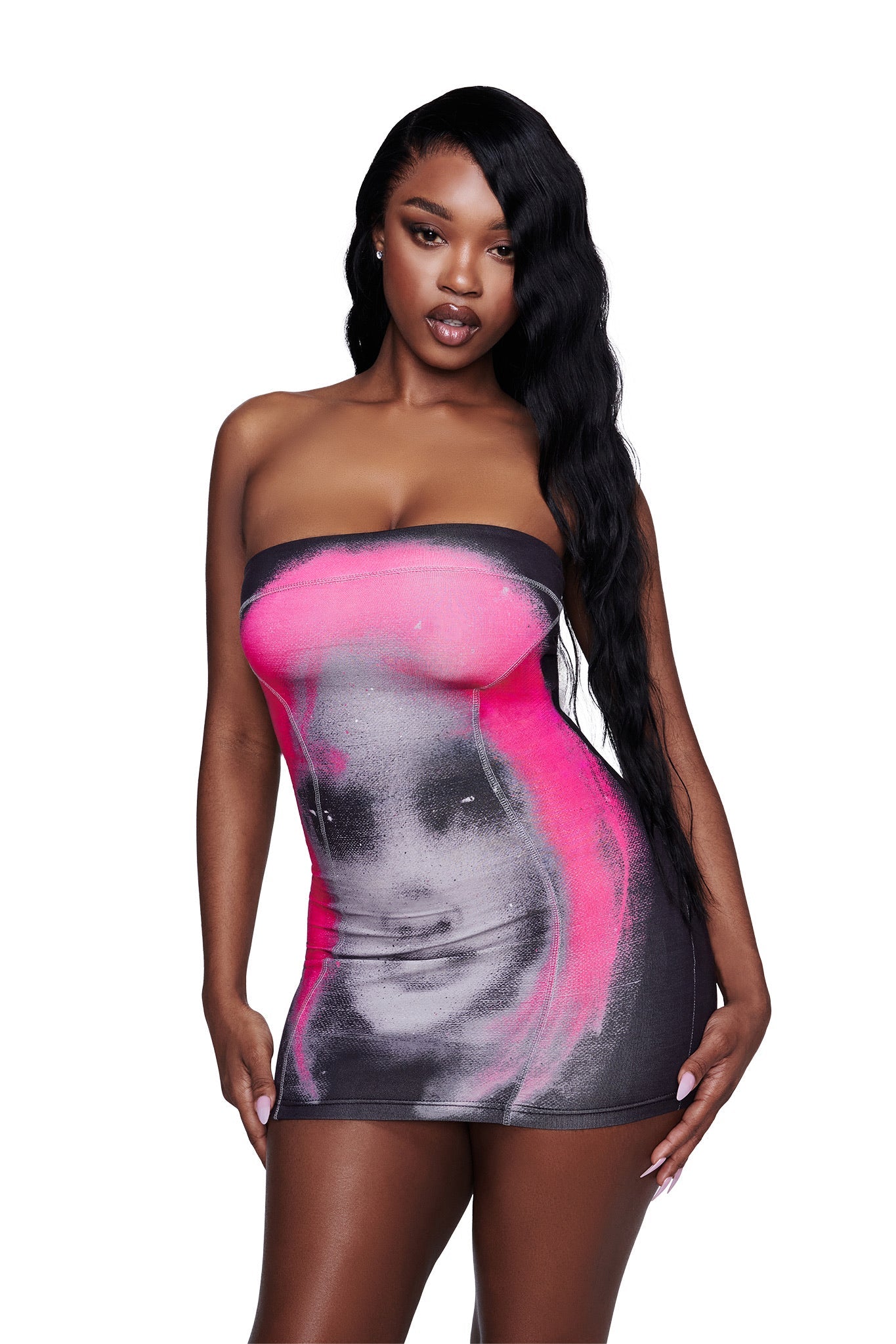 T-REX BLARE BOOB TUBE MINI DRESS - BLACK