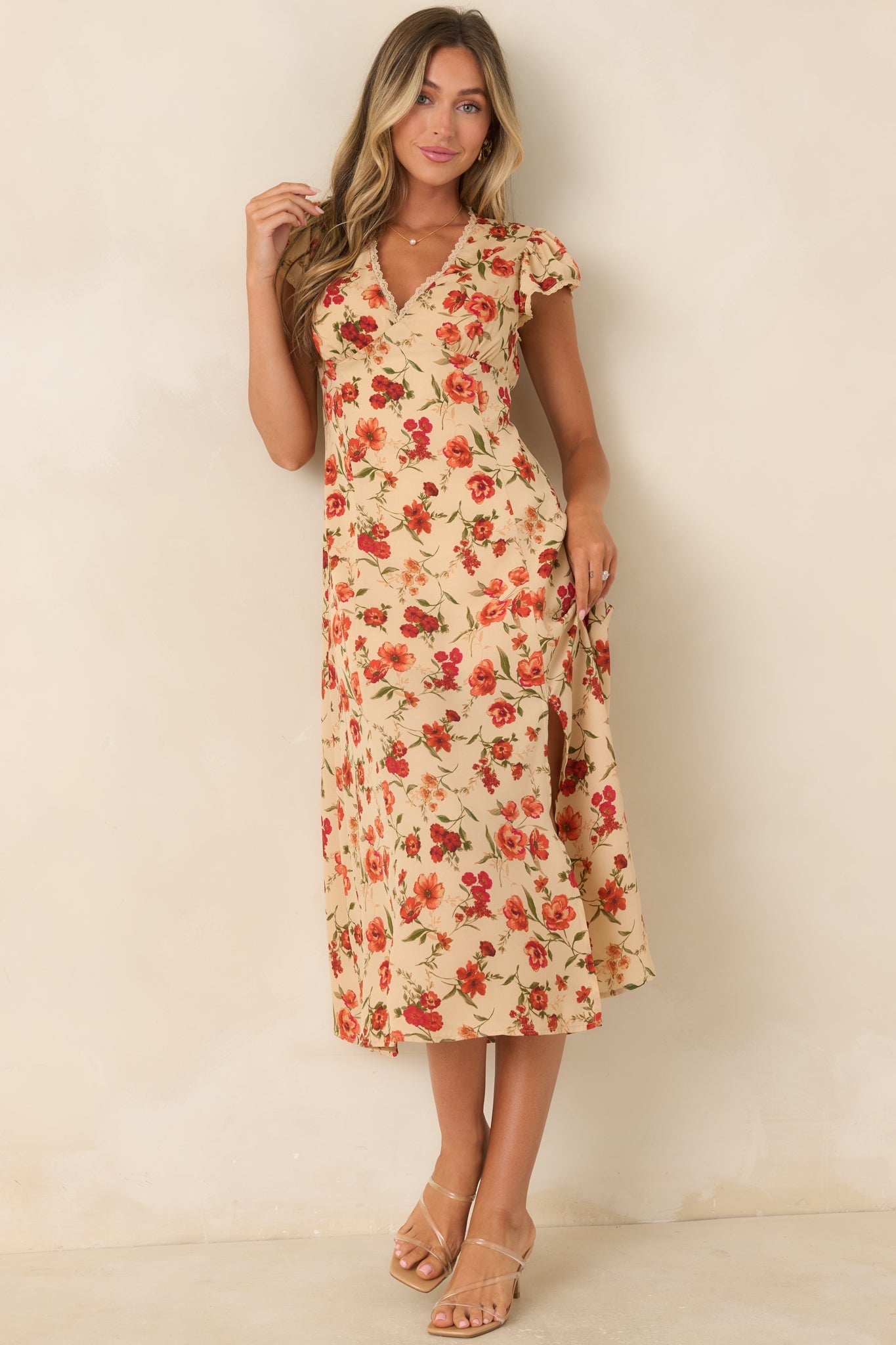 Tender Moments Light Beige Floral Lace-Trim Midi Dress