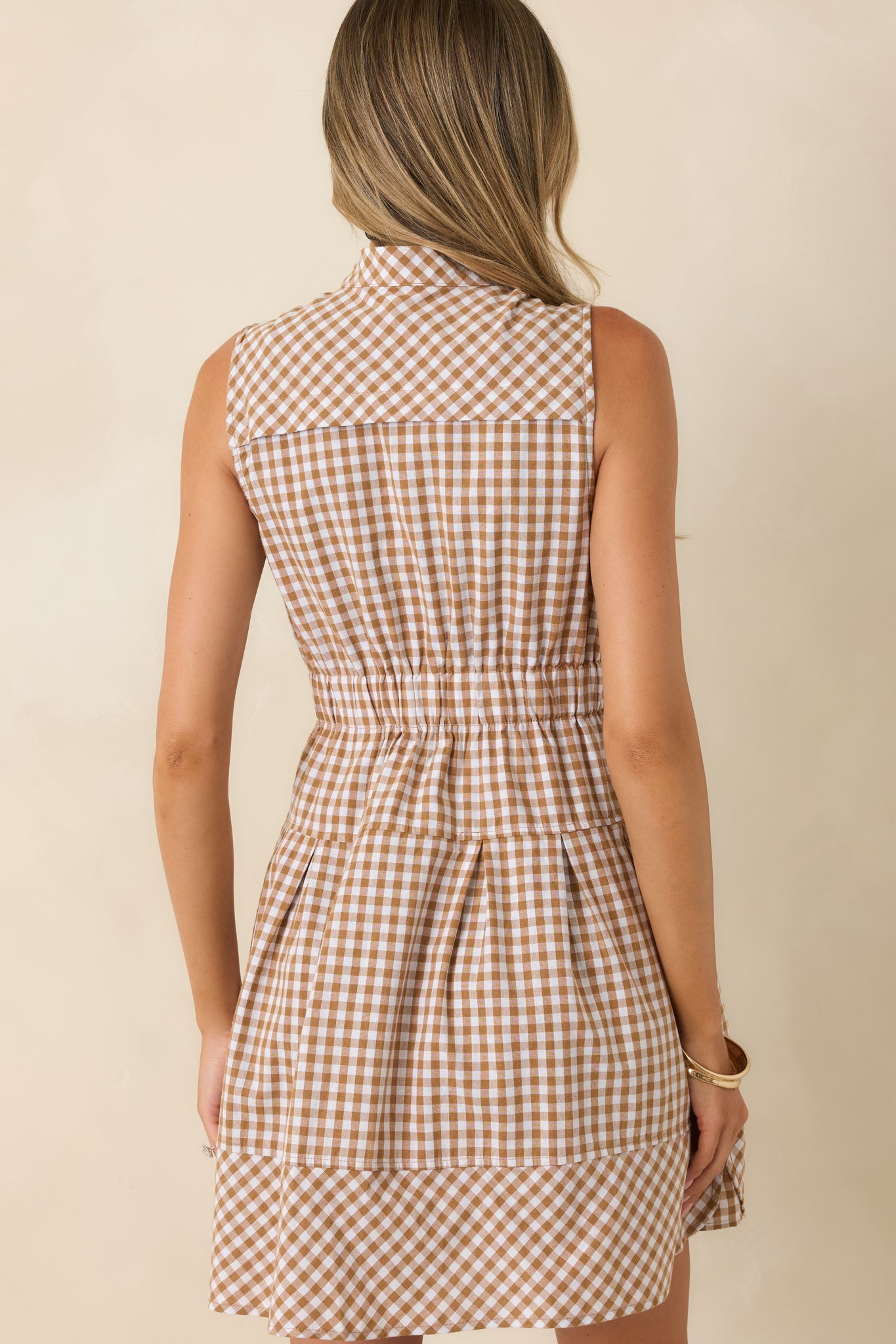 Made for Wandering Camel Gingham Sleeveless Mini Dress