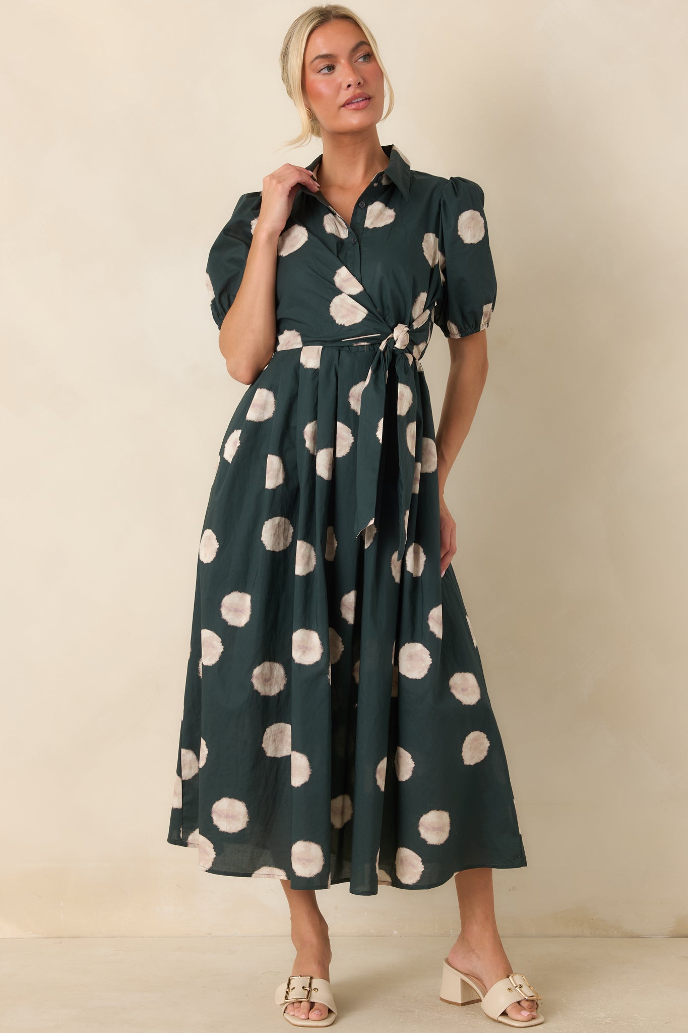 Gather Around Hunter Green Dot Print Cotton Midi Dress